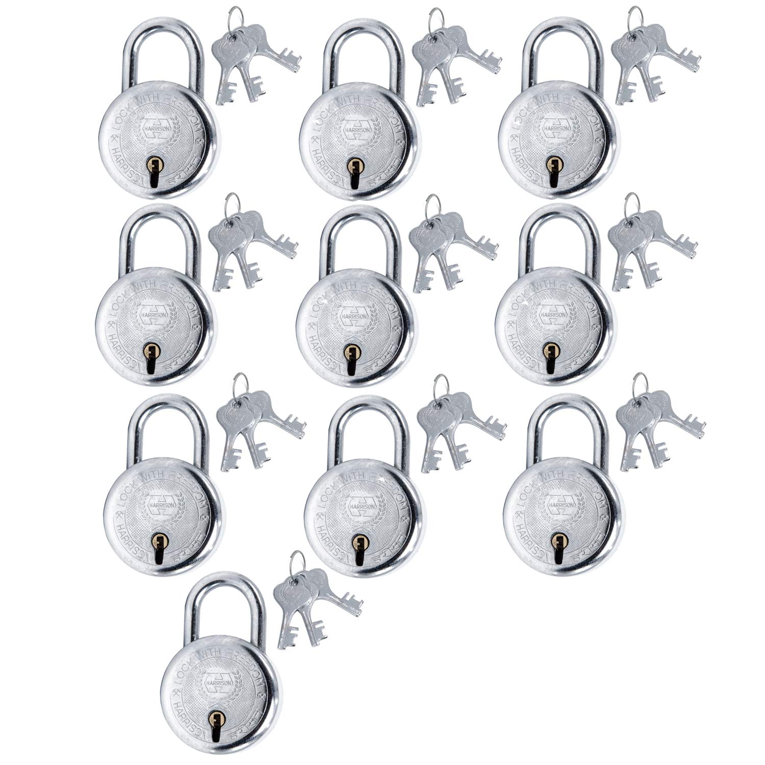 Harrison T-26/BCP-0272_PK 10 Steel 5 Levers Padlock with 3 Keys Each| Silver Finish| Round| Iron Padlock | Used for Travelling, Iron Grills| Pack of 10