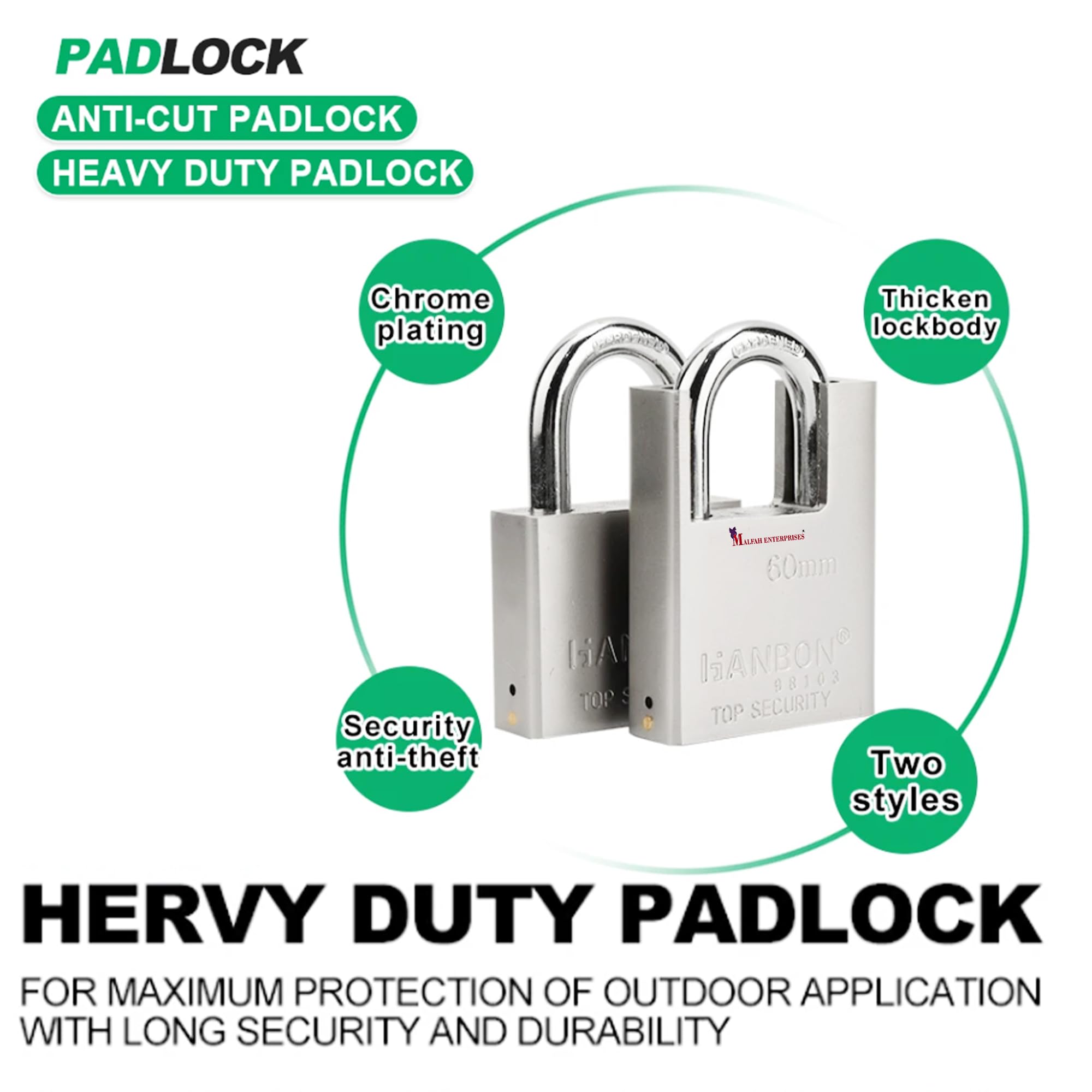 Malfah Enterprises Padlock 60mm for Main Door Gate Lock Tool Box, Shutters, Shops & Offices Corrosion Resistant Anti Cut 98103 Hanbon