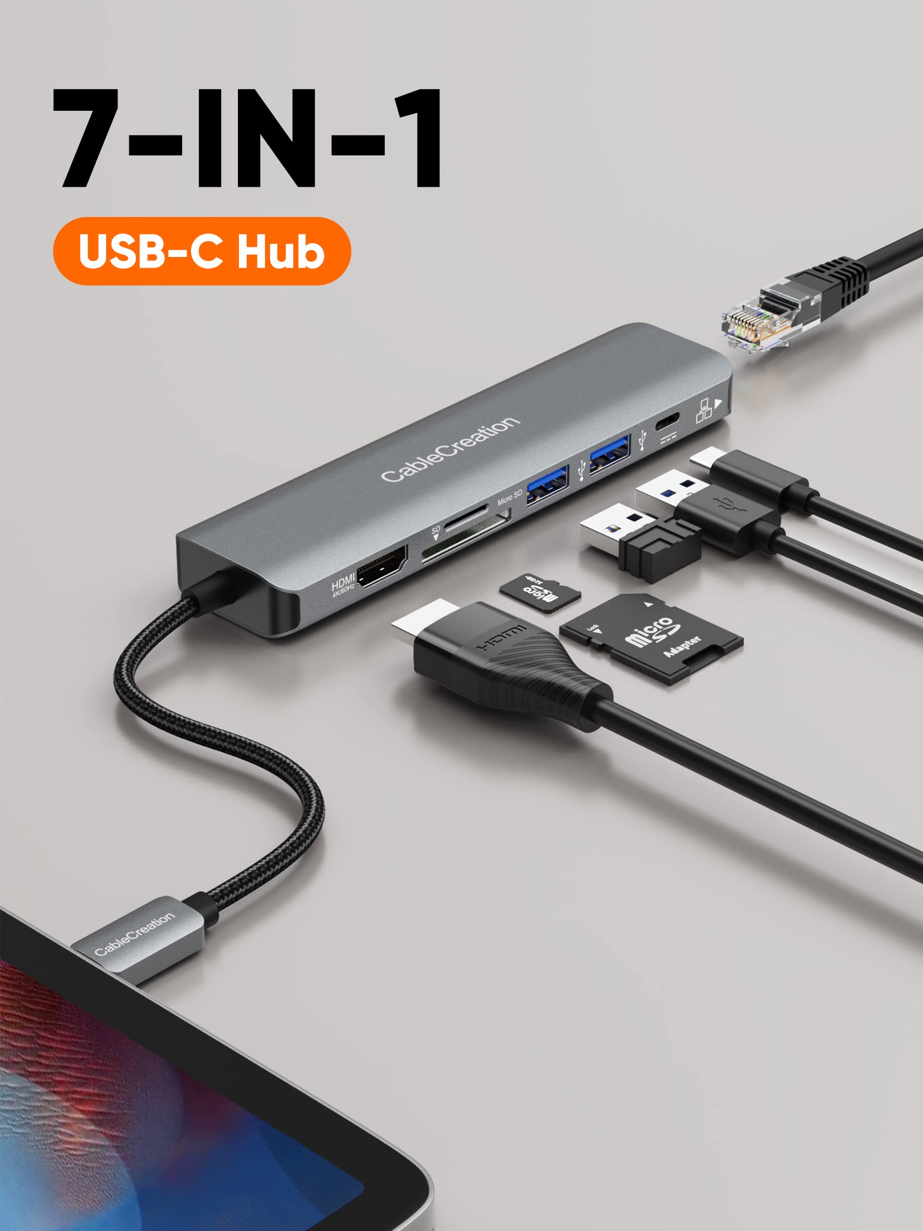 CableCreation 7-in-1 USB C Hub Multiport Adapter, USB Type C to 4K@60Hz HDMI, 1000M Ethernet, 2 USB 3.0 Ports, 100W PD and SD/TF Cards Reader Adapter for MacBook Pro/Air,iPhone 15 Pro Max