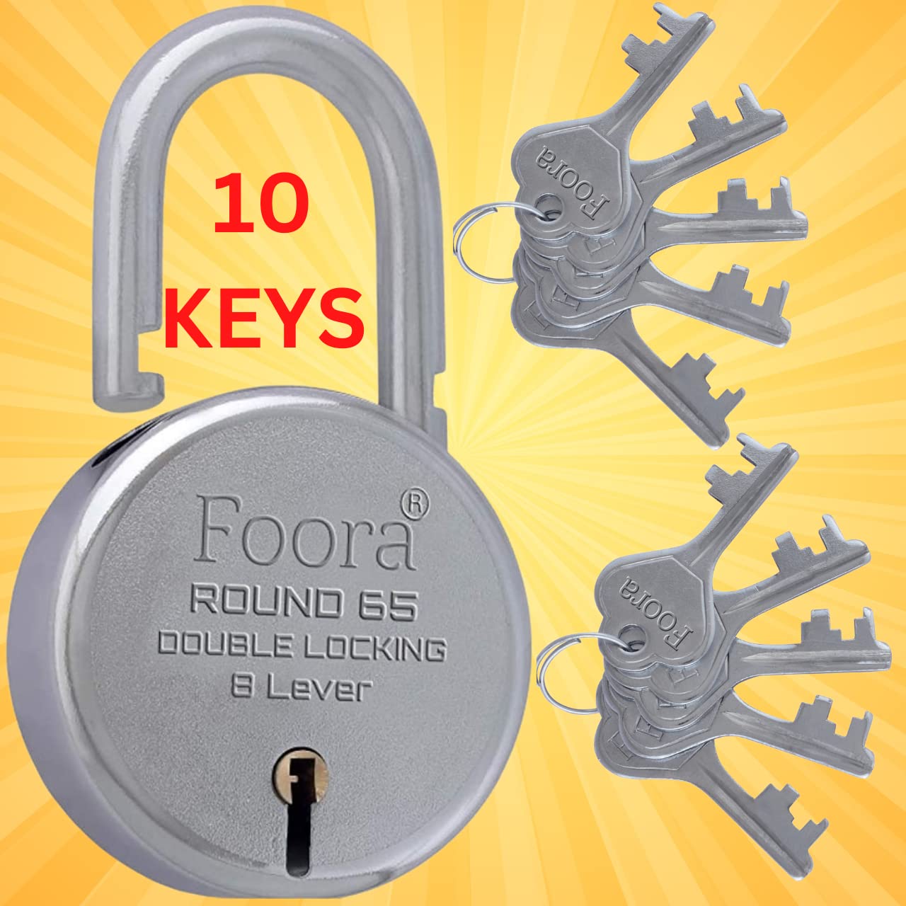 Foora Lock and Keys Door Lock for Home Round 65mm Padlock with 10 Keys Double Locking 8 Lever gate, Shop Shutter Good for Rental Apartment(10 Keys Round 65mm)