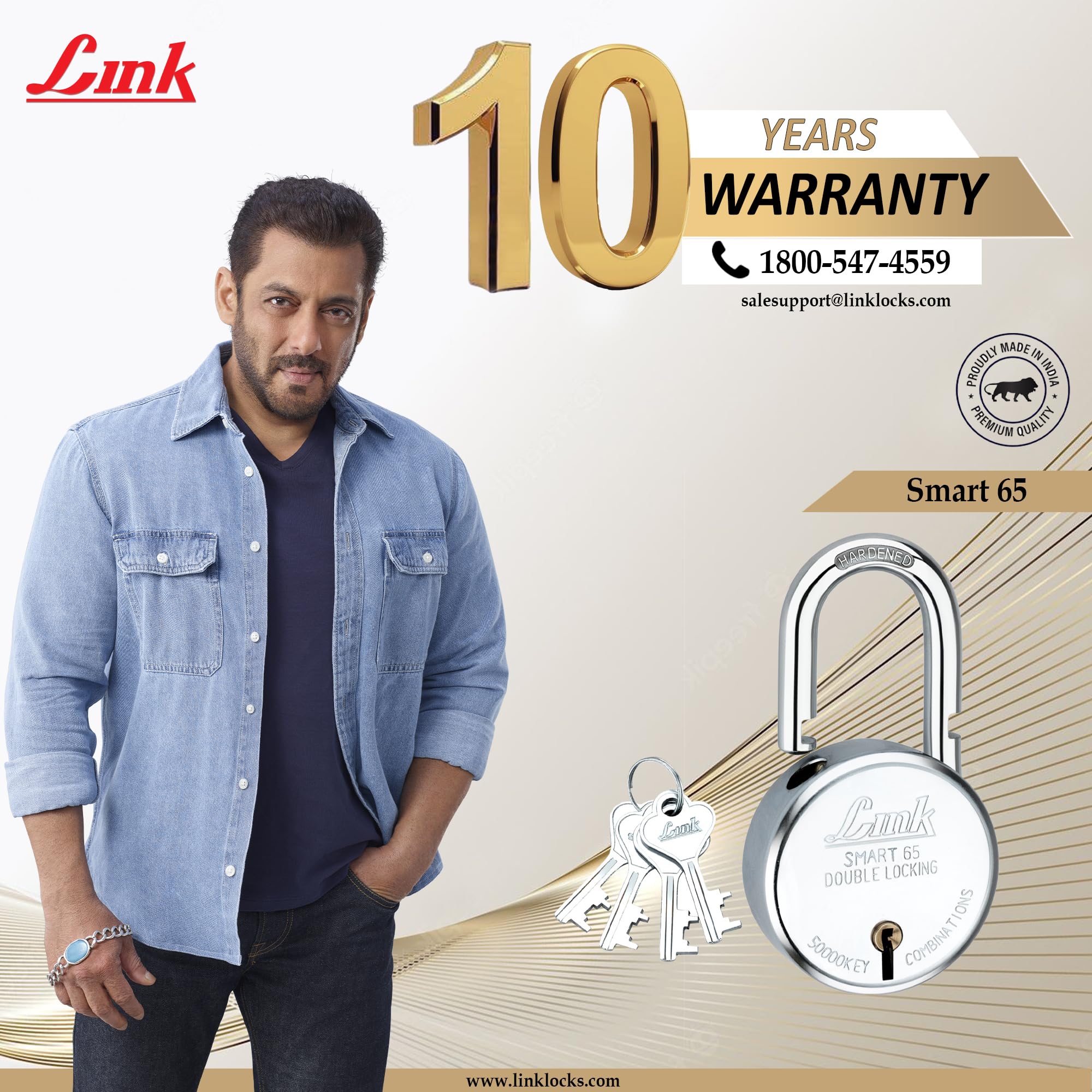 Link Smart 65mm Round | 7 Levers | Double Locking | Hardened Shackle | 50000 Key Combination Padlock (Silver)