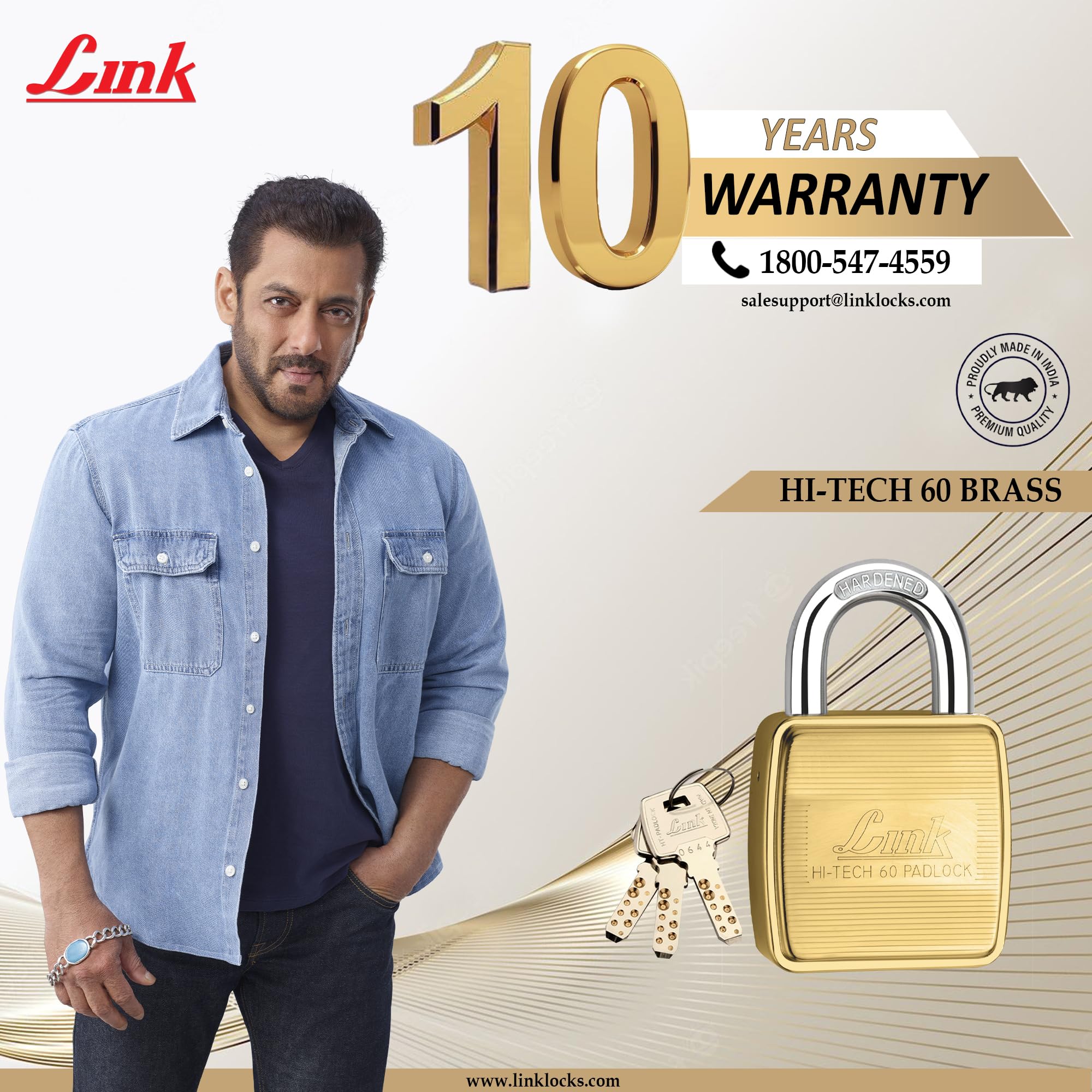 Link Hi-Tech Square 60mm Brass Lock | Brass Body | Hardened Shackle | Double Locking Padlock (Gold) Pack of 1