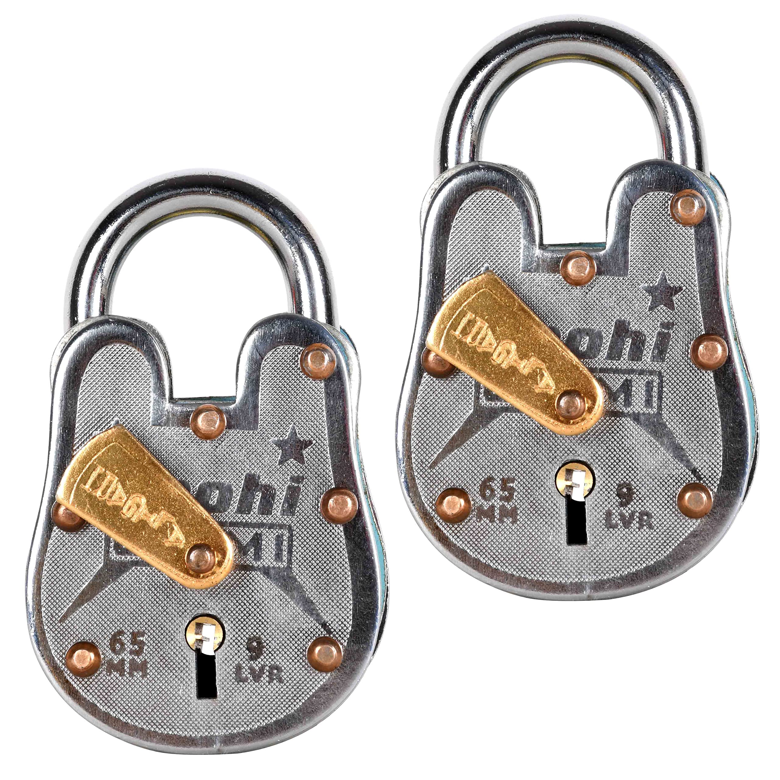 ROUND METAL Stainless Steel Antique Padlock Roohi (9 Levers 65mm Set Of 2) 9 Levers 65mm Double Locking & Key Imported Lock I Suitable Brass Antique Finish I Hudka Indor Lock And Men Door Lock Can Be Opareted Metal Locker I Entique Lock I Safty locker I D