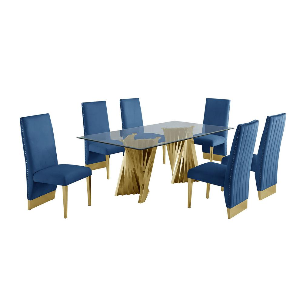 Classic 7pc Dining Set w/Pleated Side Chair, Glass Table w/ Gold Spiral Base, Navy Blue