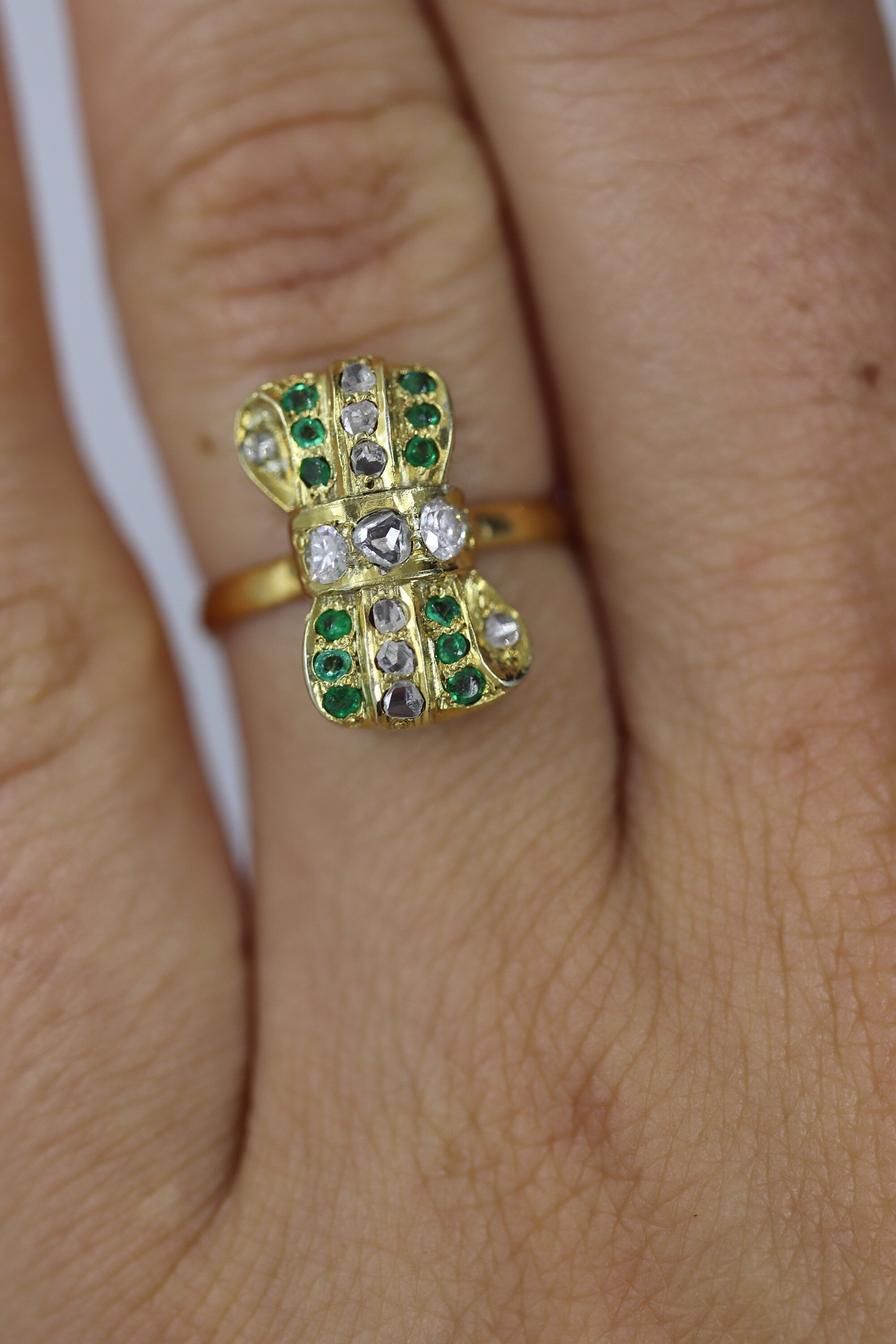 22k/10k Diamond Emerald Bow Tie Ring.