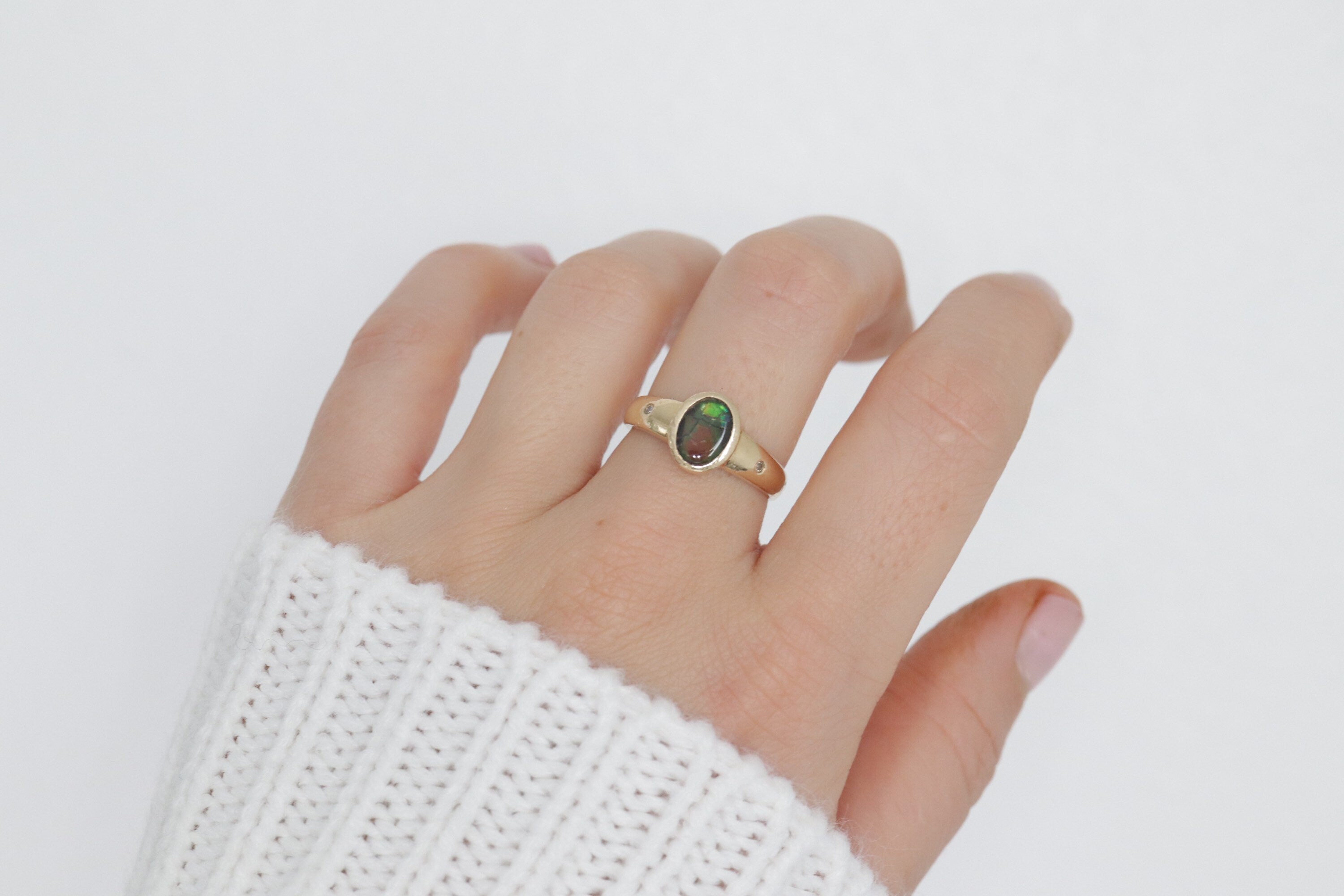 14k Oval Bezel Set Ammolite Ring. Ammolite Fossil and diamond ring. Ammolite Bezel set. st70