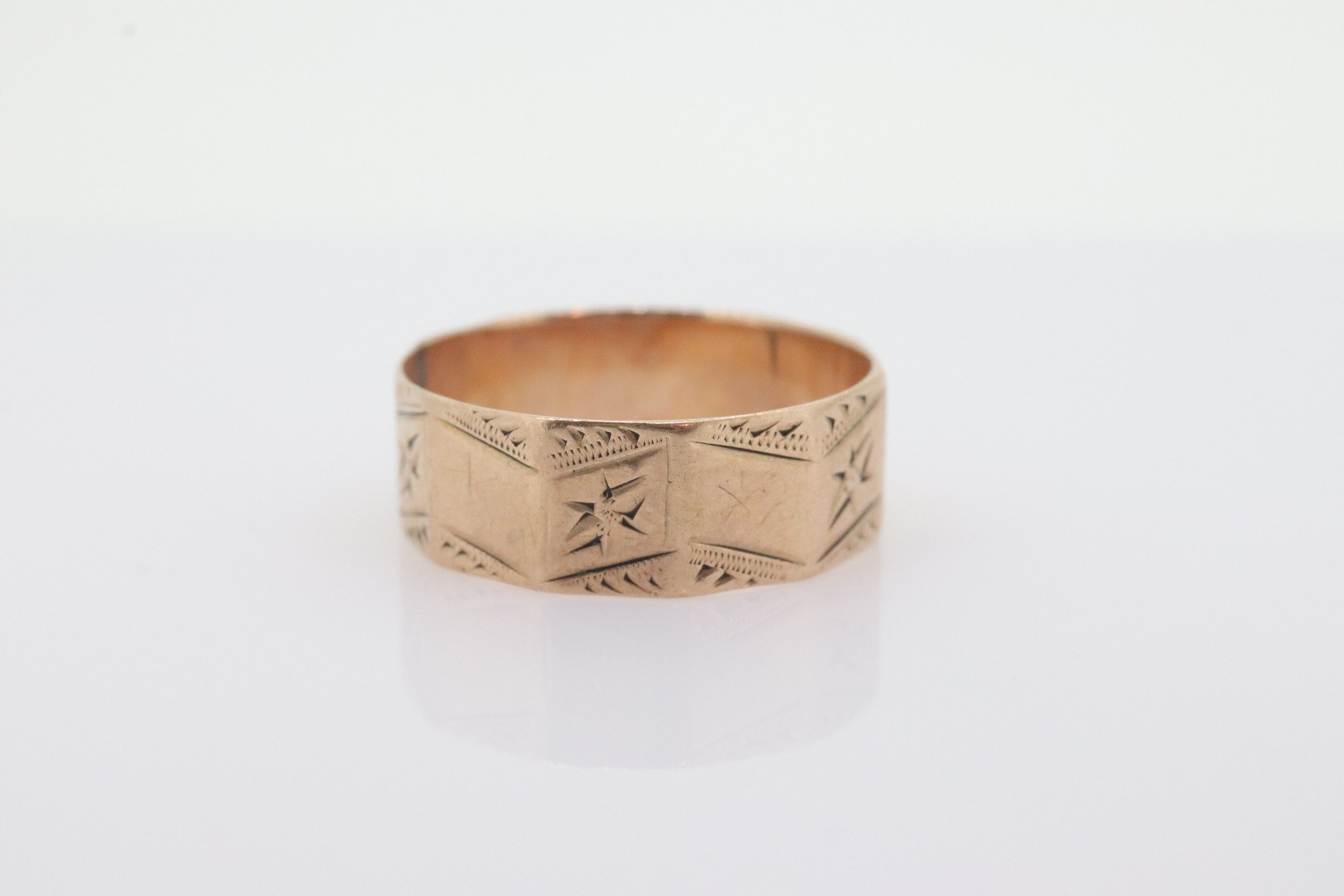 14k Wide LEAF Ornate engraved band. 14k Rose Gold  Vintage Victorian Cigar band leaf design. 6mm sz4 st(100)