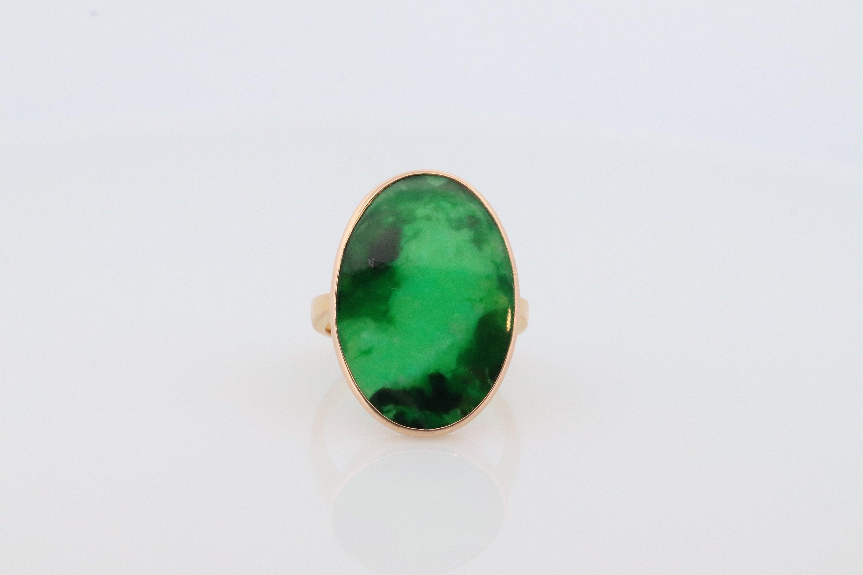 18k Green Jade Thin Glass ring. Jade Bezel set ring. Very rare Jade Flat Signet ring. st(295)