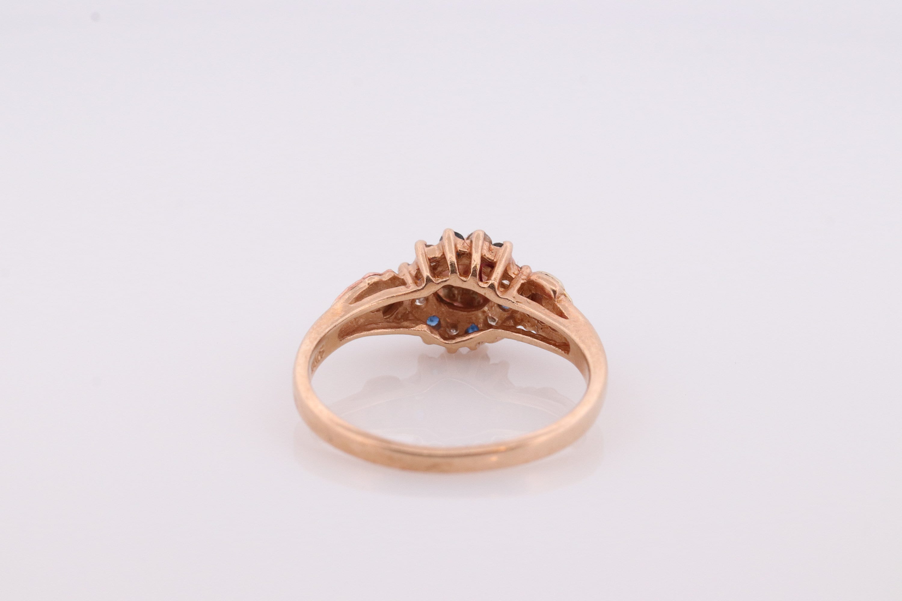 Black Hills Gold Ring Diamond Blue SAPPHIRE halo ring. 10k Multi-Tone Black Hills Gold band. Flower halo ring. st(62)