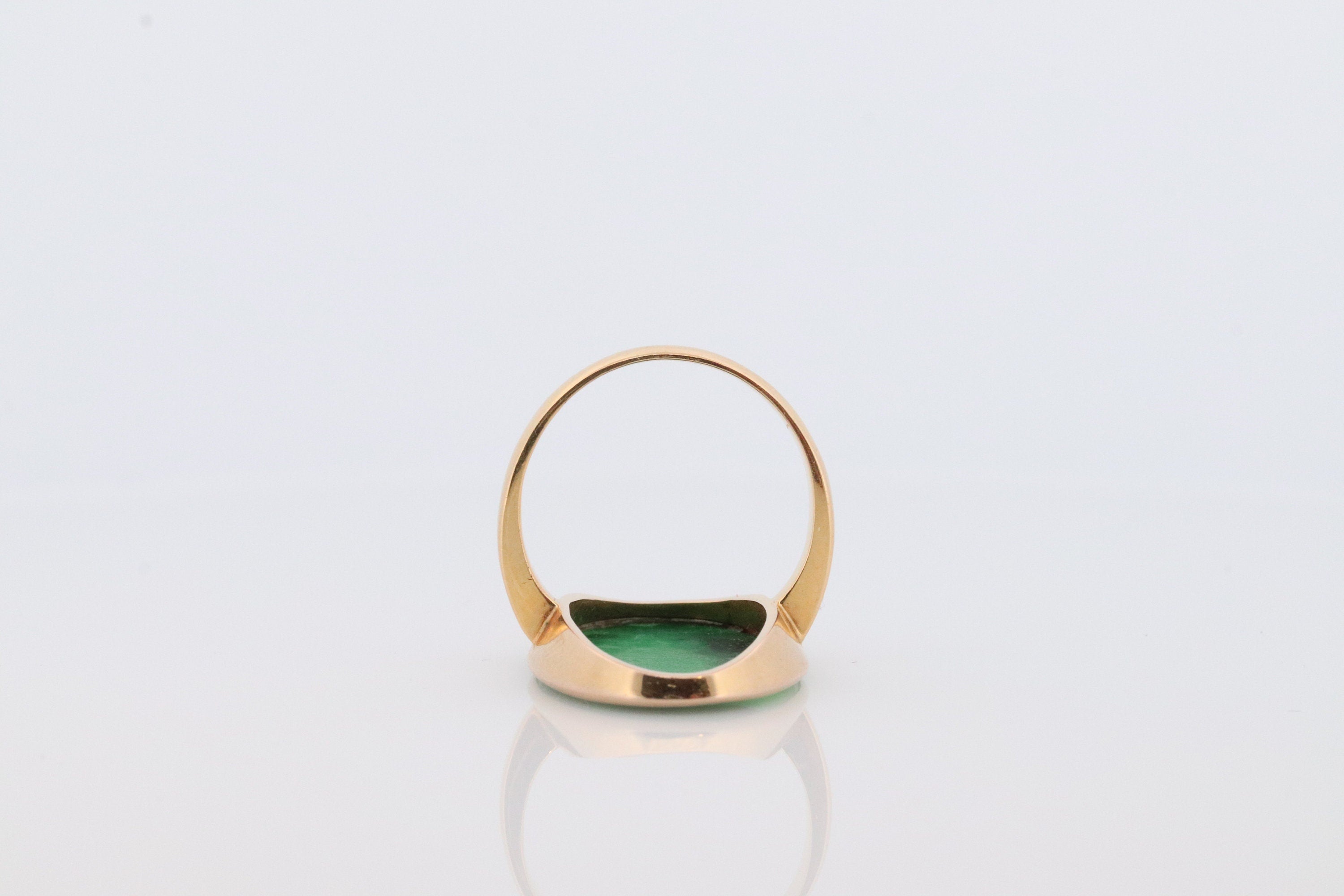 18k Green Jade Thin Glass ring. Jade Bezel set ring. Very rare Jade Flat Signet ring. st(295)