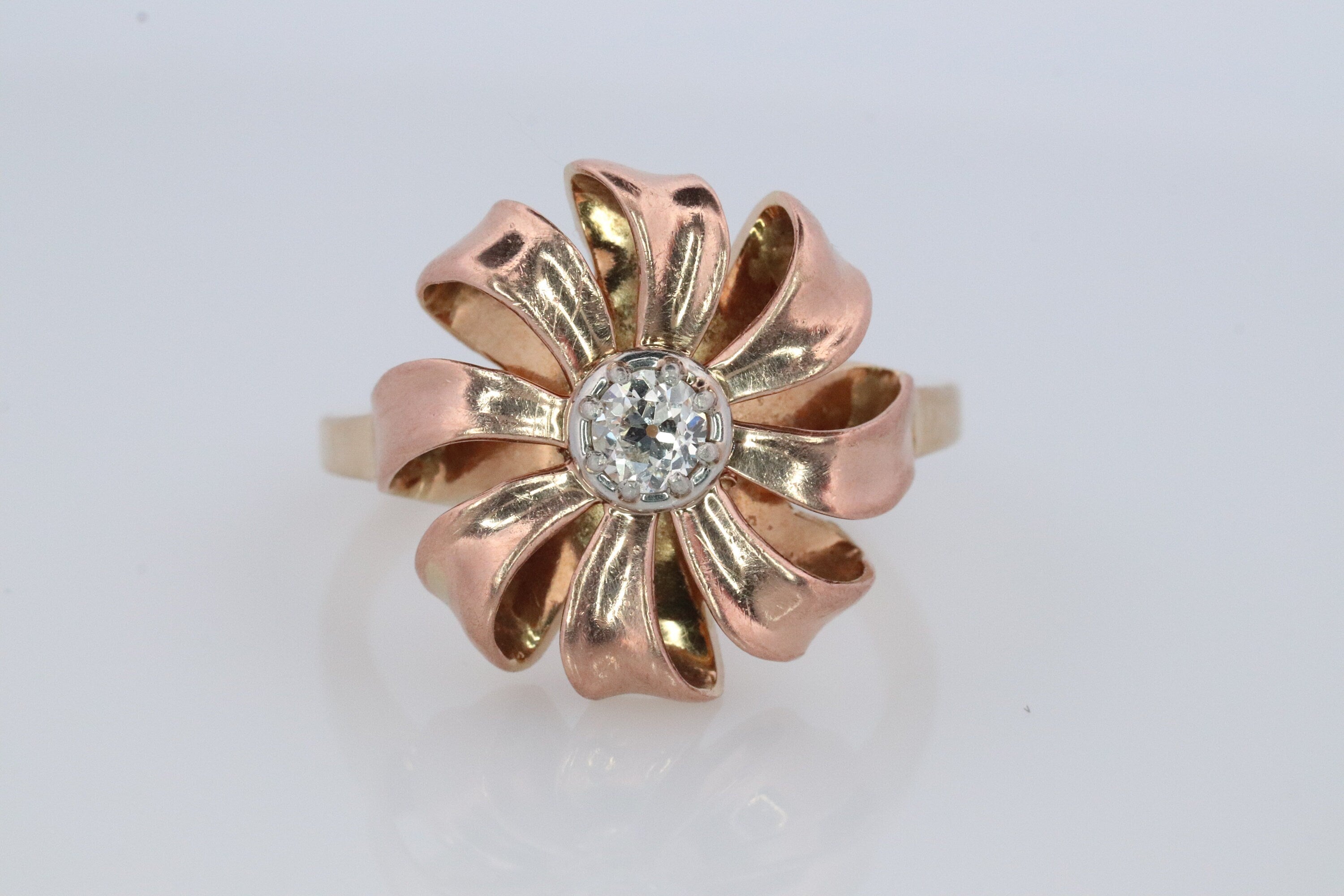 JABEL 14k Platinum Diamond Solitaire ring.  Vintage 14k Large Flower Starburst JABEL.