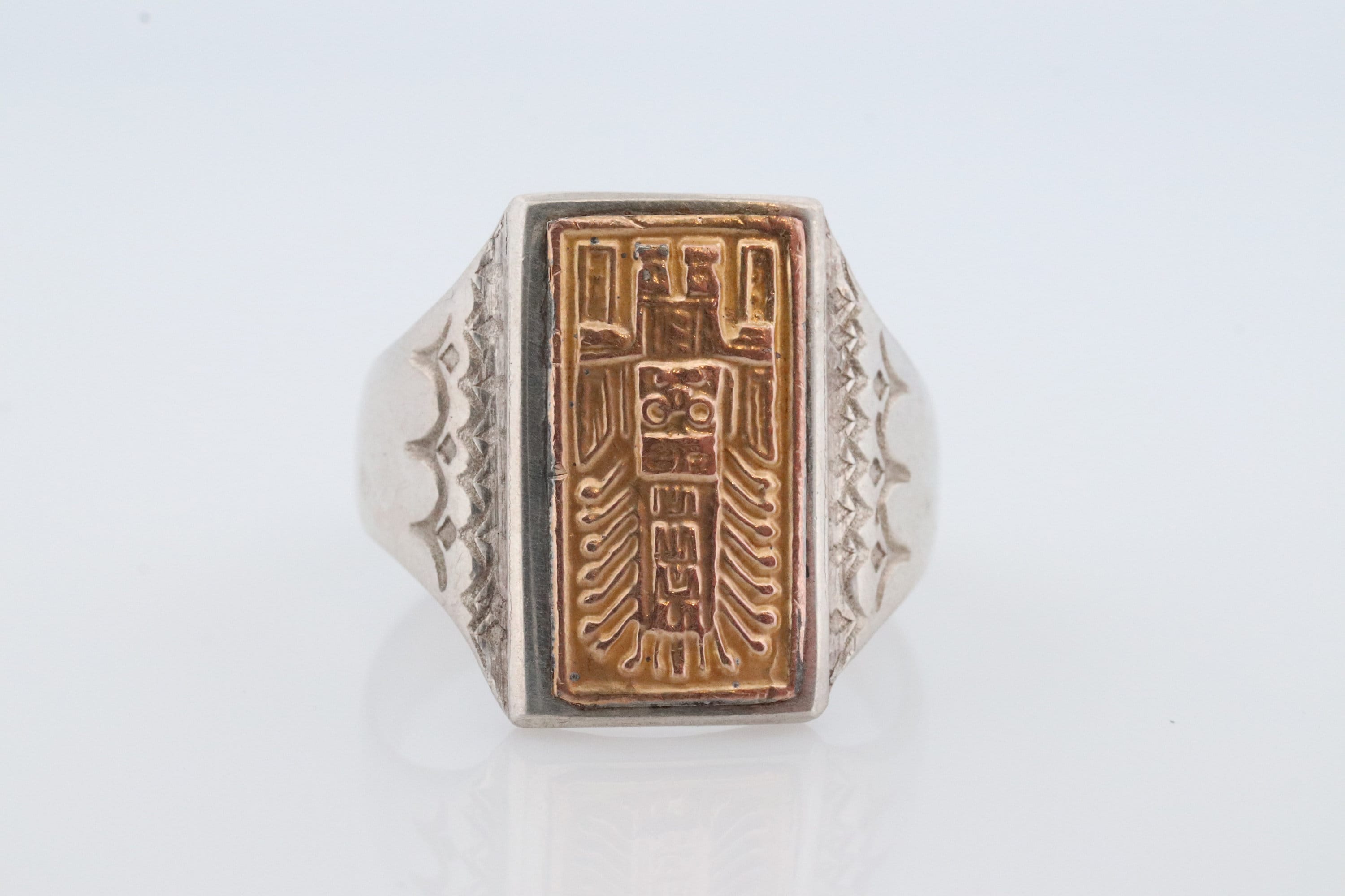 18k Heavy Signet ring. Aztec Mayan or Inca with Warrior Head Chief Bust. Red Enamel 18k Embossed coin Sterling Silver band