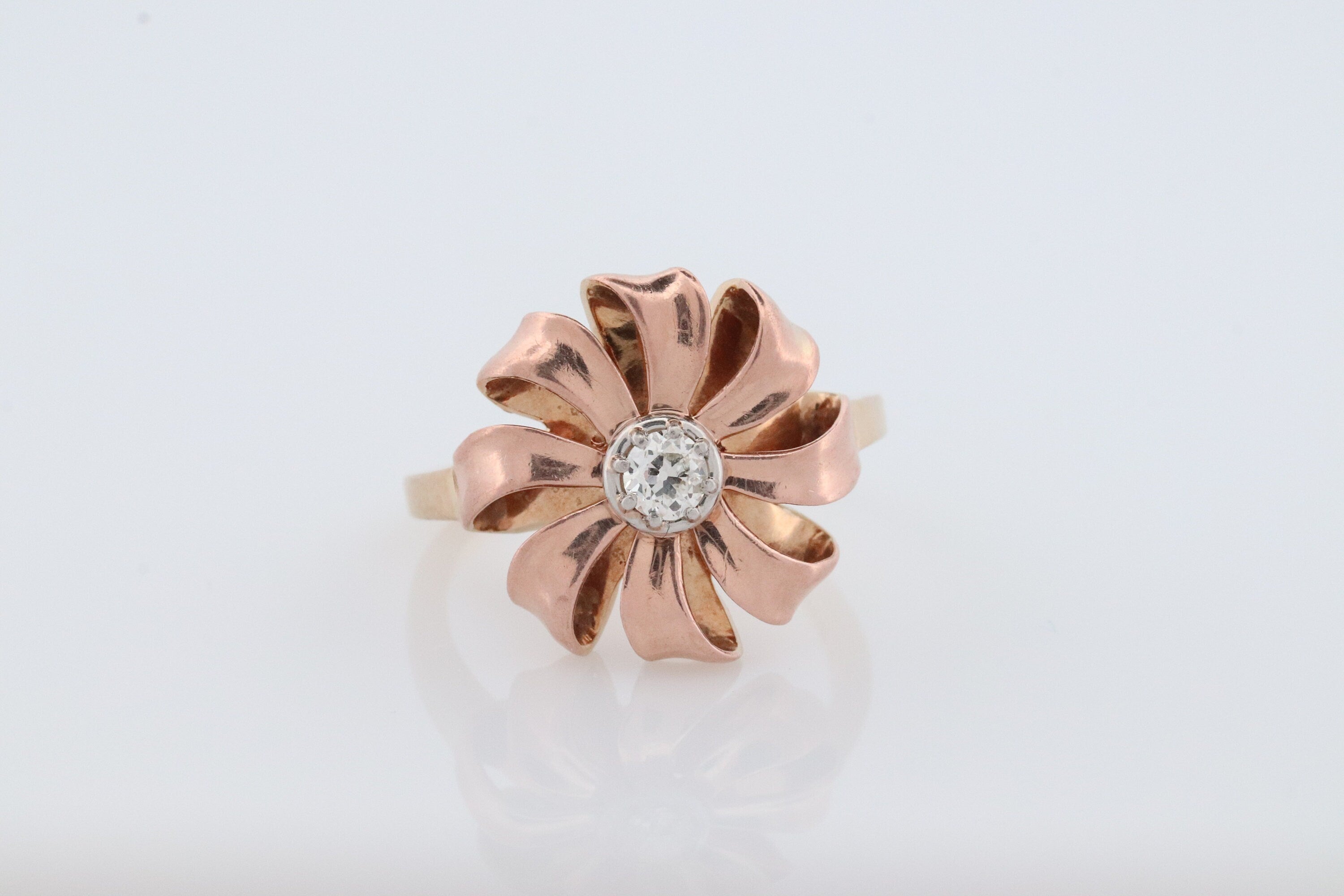 JABEL 14k Platinum Diamond Solitaire ring.  Vintage 14k Large Flower Starburst JABEL.