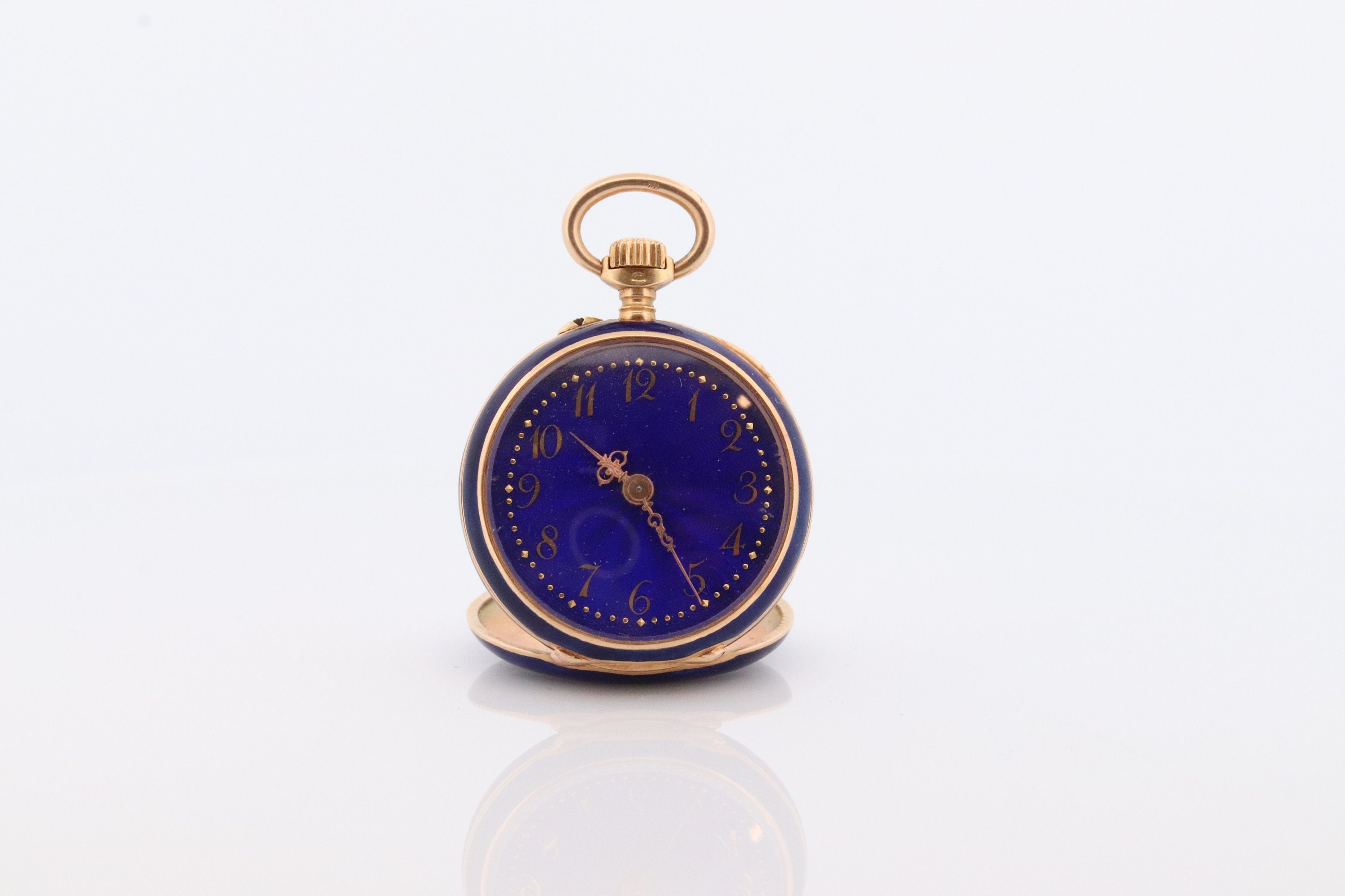 18k Gold Pocket Watch. Antique Blue enamel with rose cut diamonds. Fleur de Lis Flower Pocket watch.