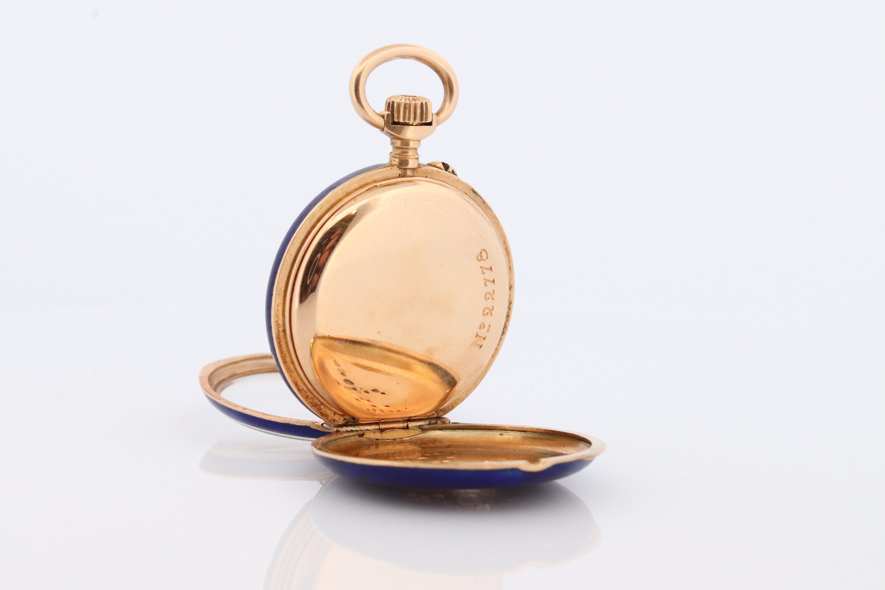 18k Gold Pocket Watch. Antique Blue enamel with rose cut diamonds. Fleur de Lis Flower Pocket watch.