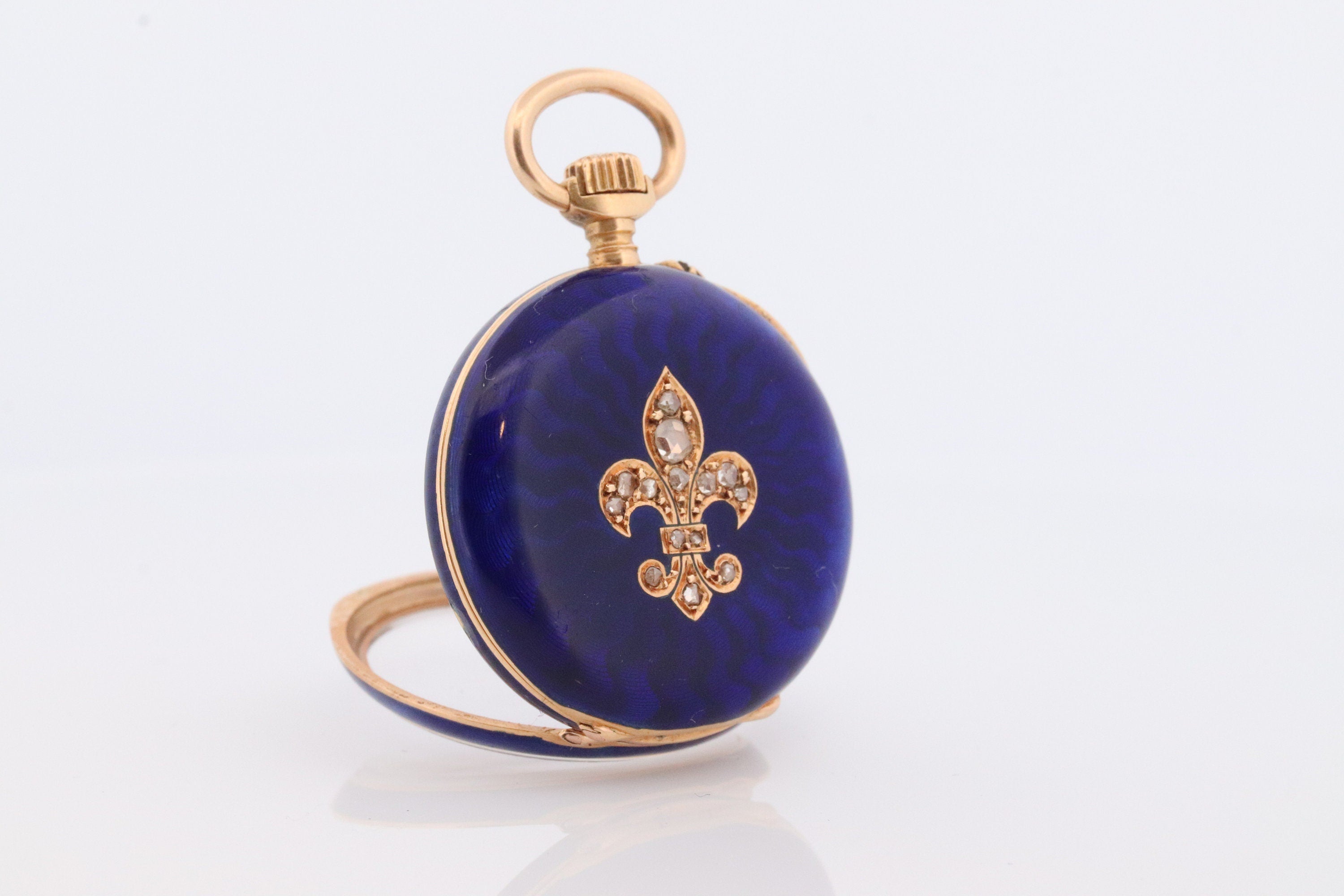 18k Gold Pocket Watch. Antique Blue enamel with rose cut diamonds. Fleur de Lis Flower Pocket watch.