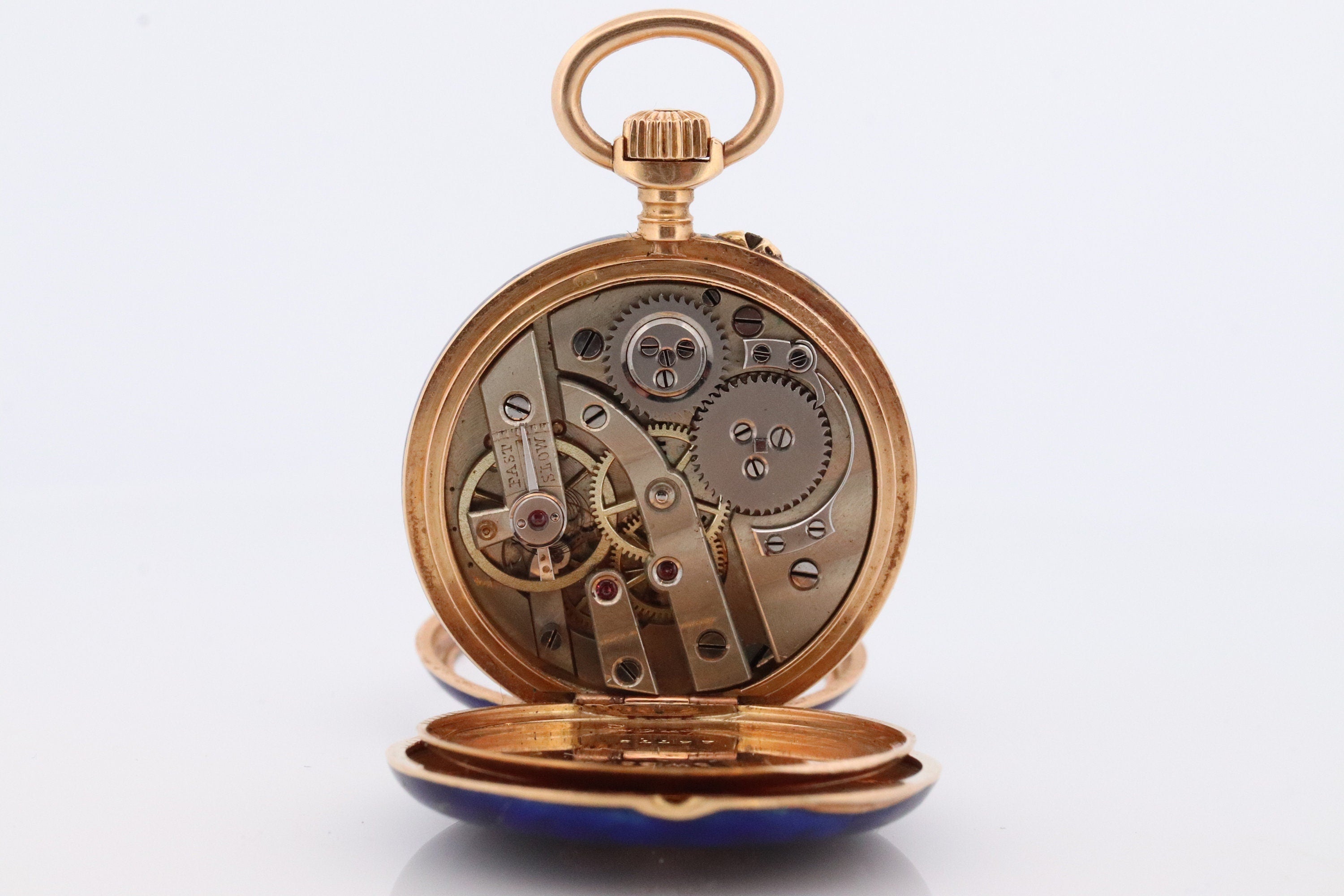 18k Gold Pocket Watch. Antique Blue enamel with rose cut diamonds. Fleur de Lis Flower Pocket watch.