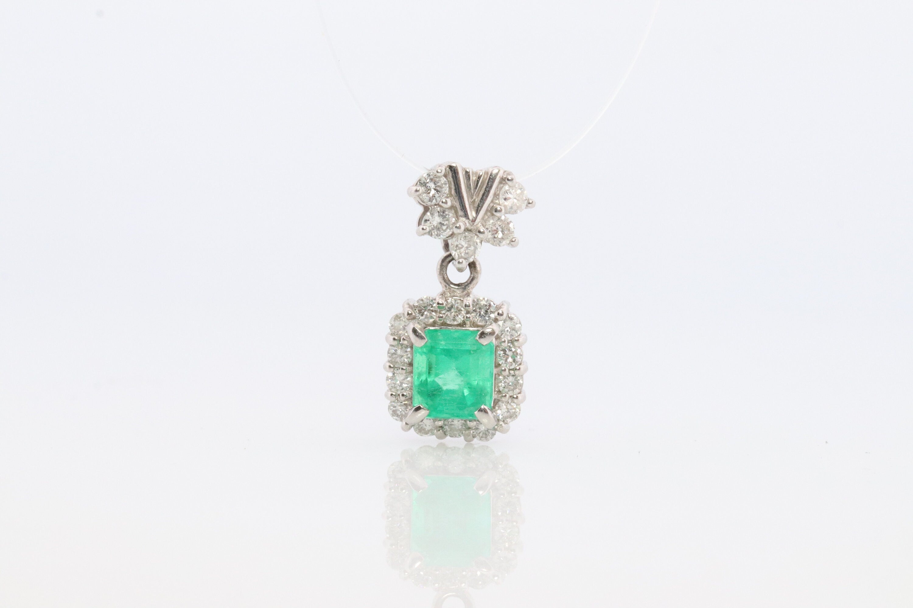 Emerald Pendant. Genuine Emerald and Diamond halo Platinum Pendant. PT900 Plat Square Emerald Diamond Solitaire Pendant Necklace.