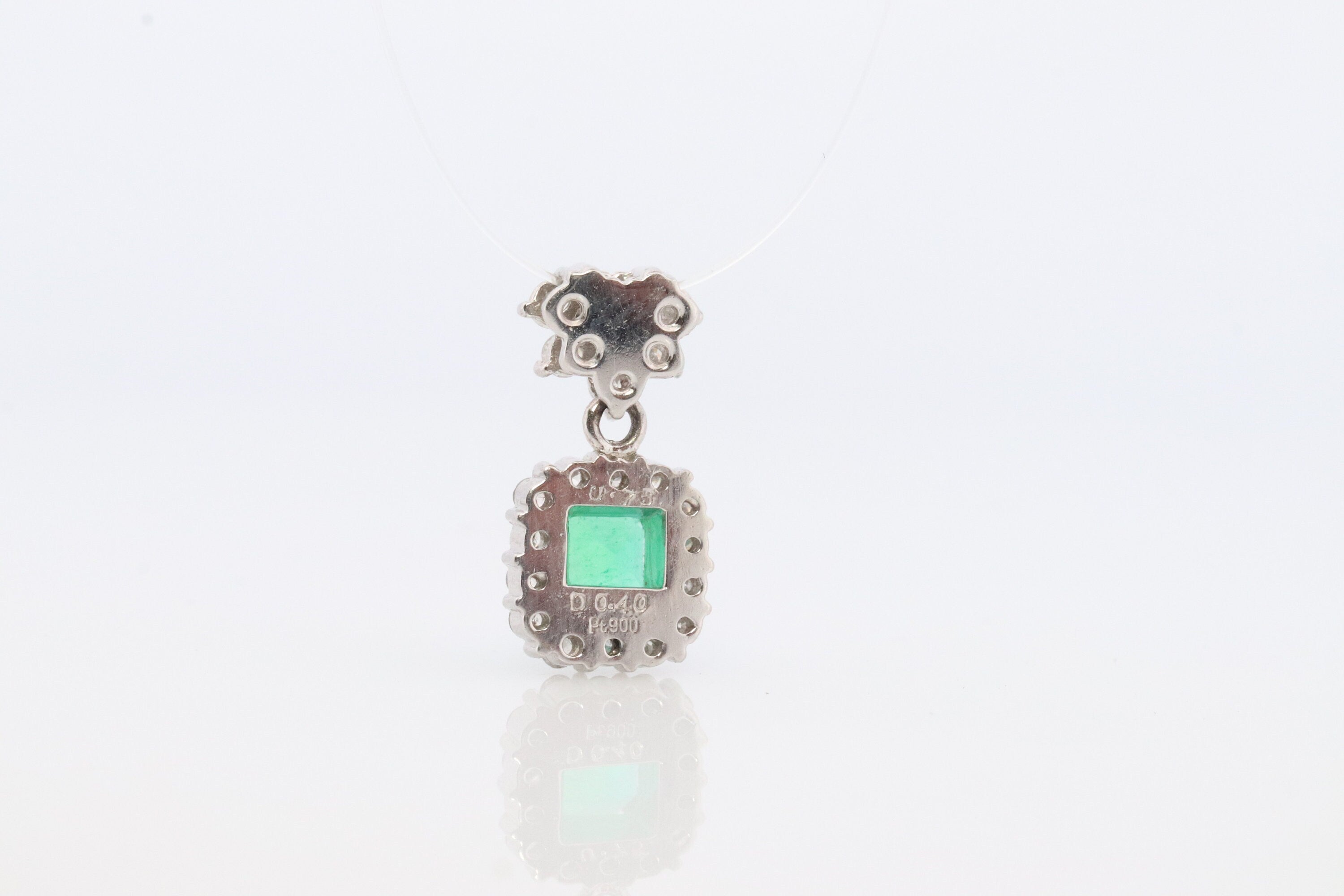 Emerald Pendant. Genuine Emerald and Diamond halo Platinum Pendant. PT900 Plat Square Emerald Diamond Solitaire Pendant Necklace.