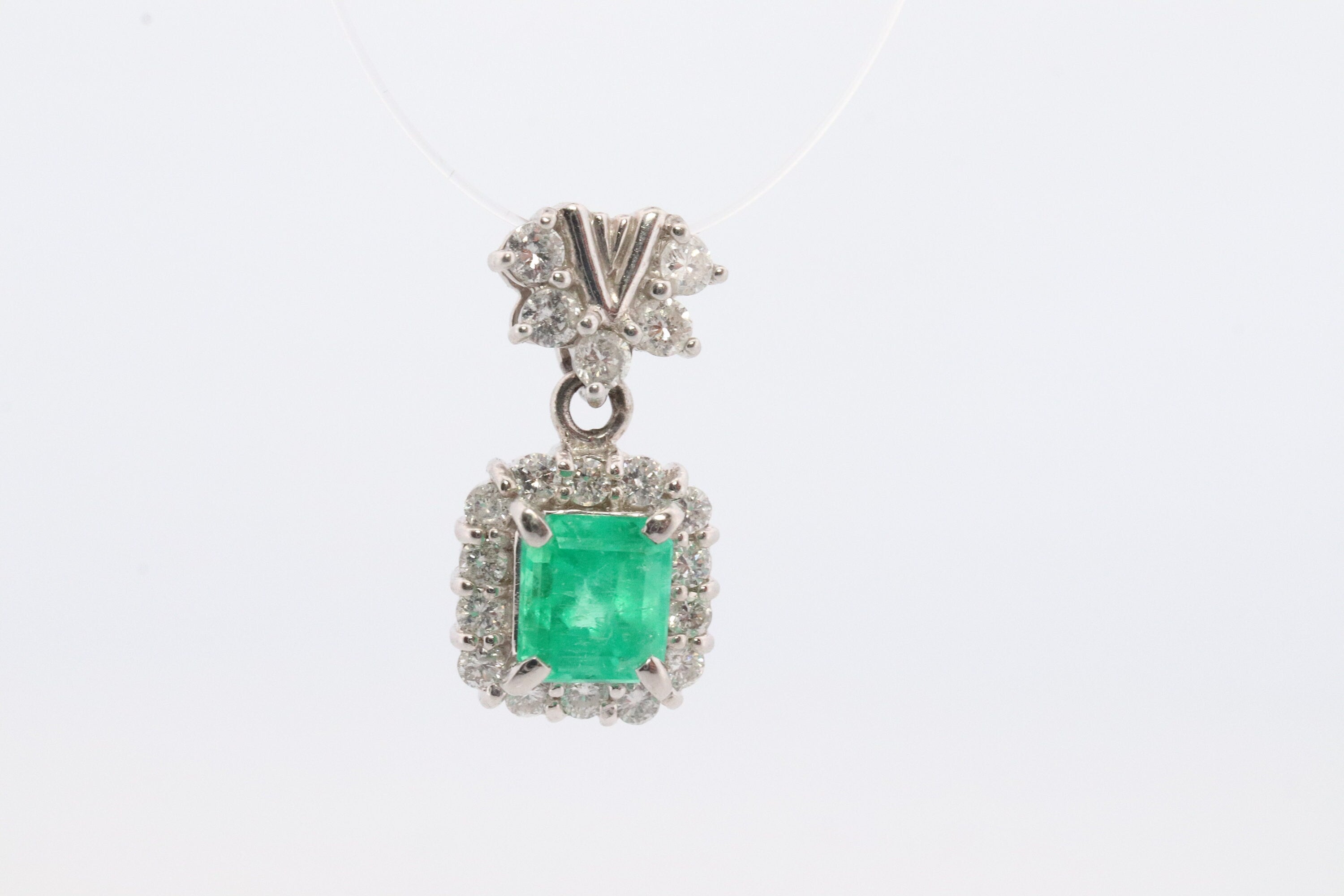 Emerald Pendant. Genuine Emerald and Diamond halo Platinum Pendant. PT900 Plat Square Emerald Diamond Solitaire Pendant Necklace.