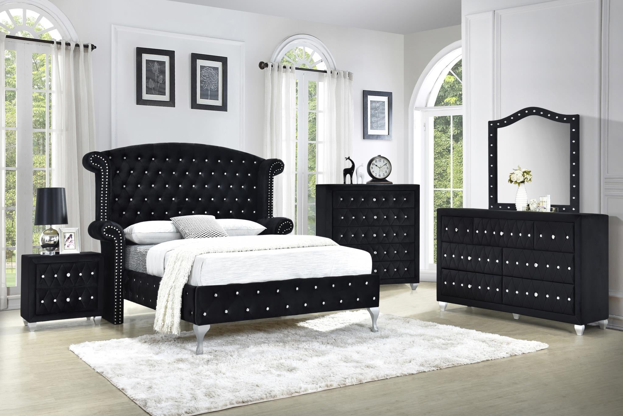 5PC Velvet Deanna Bedroom Set-Black