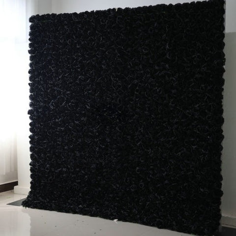 The black flower wall's side view boasts realistic shapes and a fabric backing.