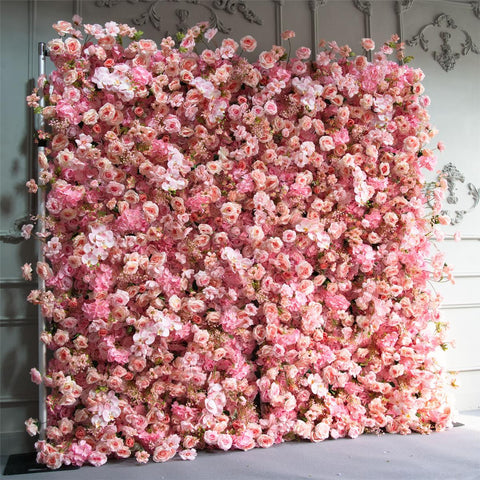 The 5D pink fabric flower wall looks cute and romantic.