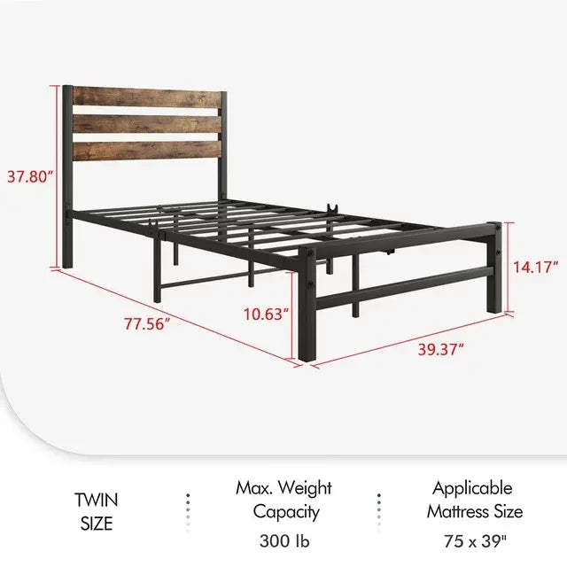 Bellemave Twin Size Platform Bed Frame with Wood Headboard and Metal Slats