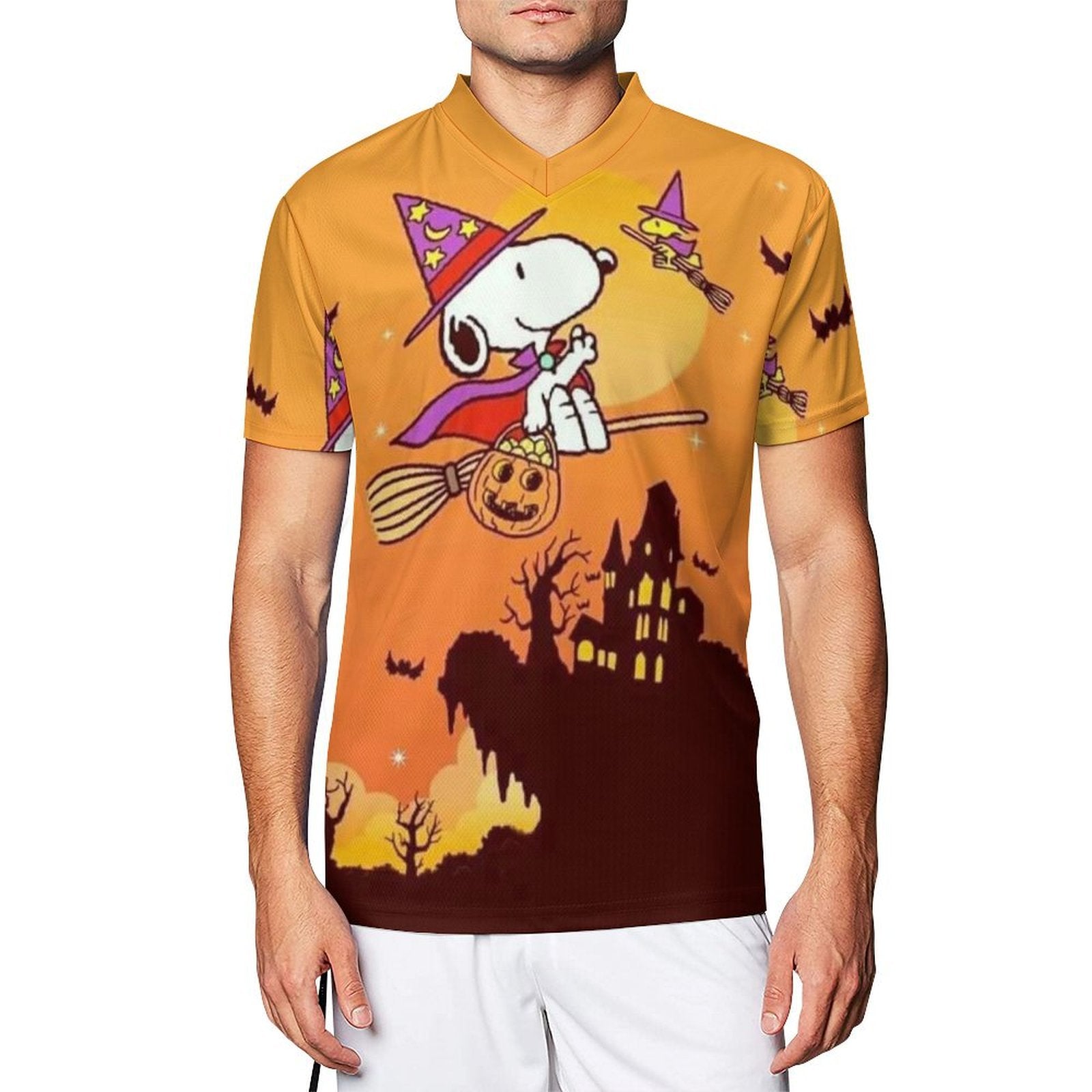 Camiseta de fútbol de calabaza de escoba voladora personalizada Snoopy de Halloween