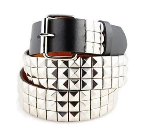  Men's Women's Leather Belt Silver Metal Studded 3-Rows Pyramid 