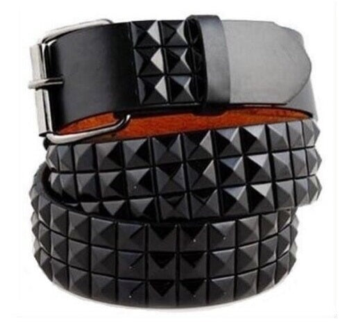  3-Rows Pyramid Men's Women's Black Studded Belt 