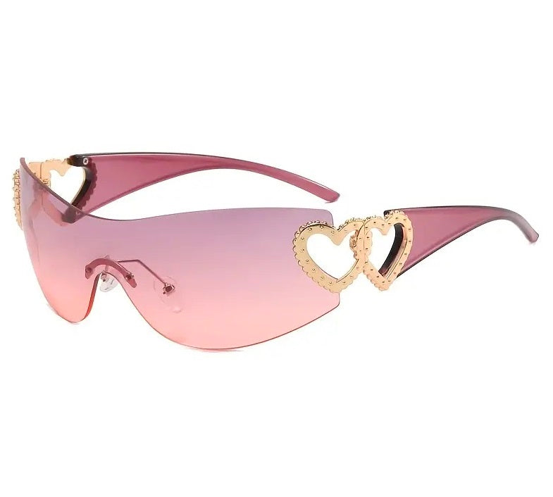  Pink Rimless Wrap Around Women Sunglasses Gold Color Heart Shades Eyeglasses Women's Travel Eyewear Single Piece Lens 