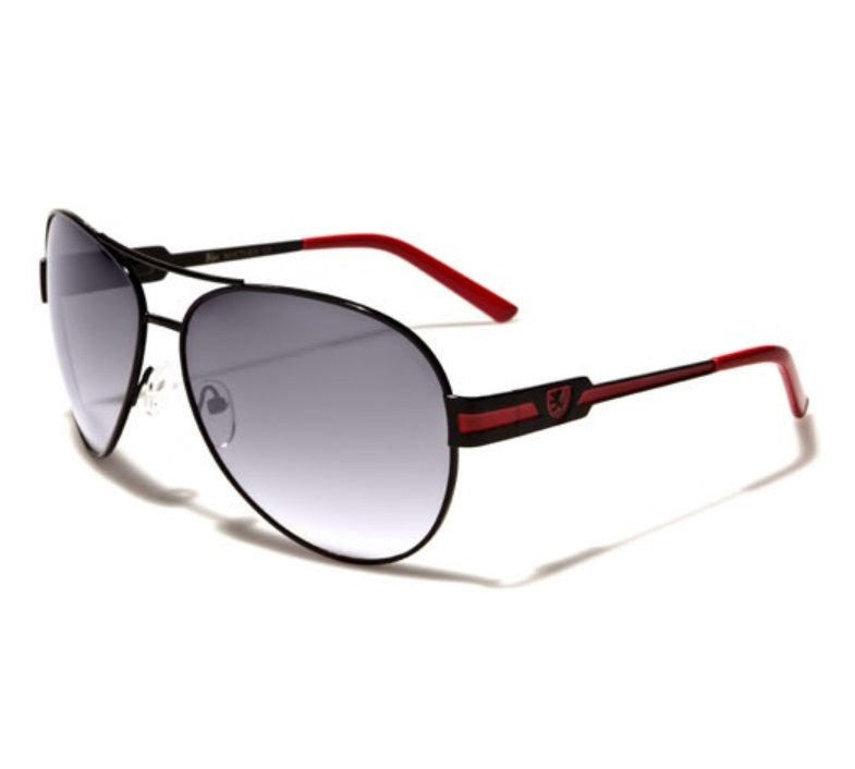  Men's Aviator Sunglasses- Gradient Smoke Lens with Red and Black Temples 