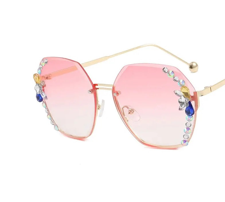  Rhinestone Pink Lens Sunglasses for Women- For Beach Summer, Trendy Flower Crystal Rimmed Style Sunglasses 