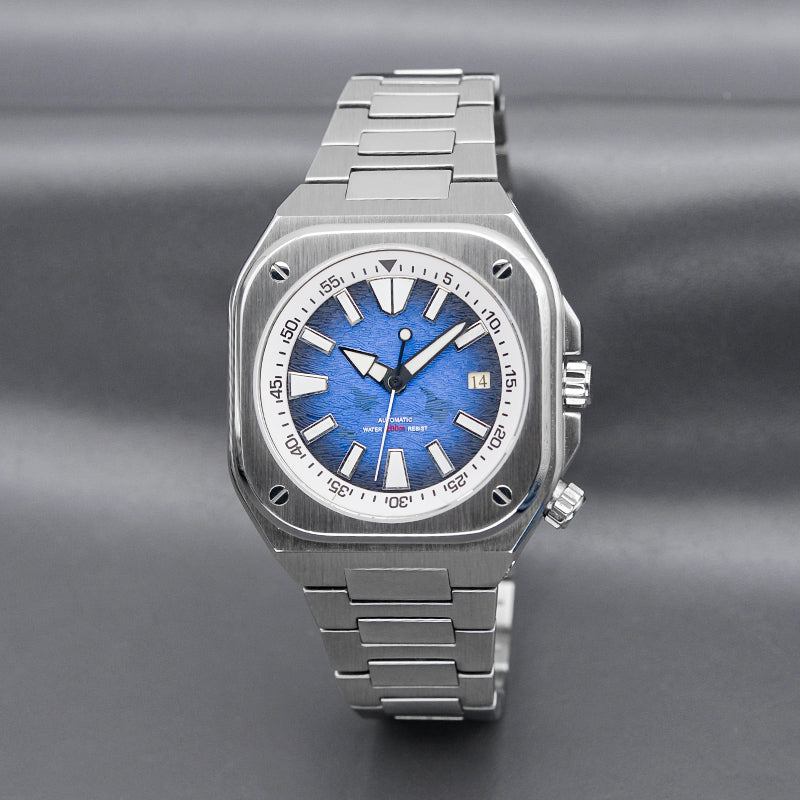 Silver Nautilus Watch with Black Blue Dial