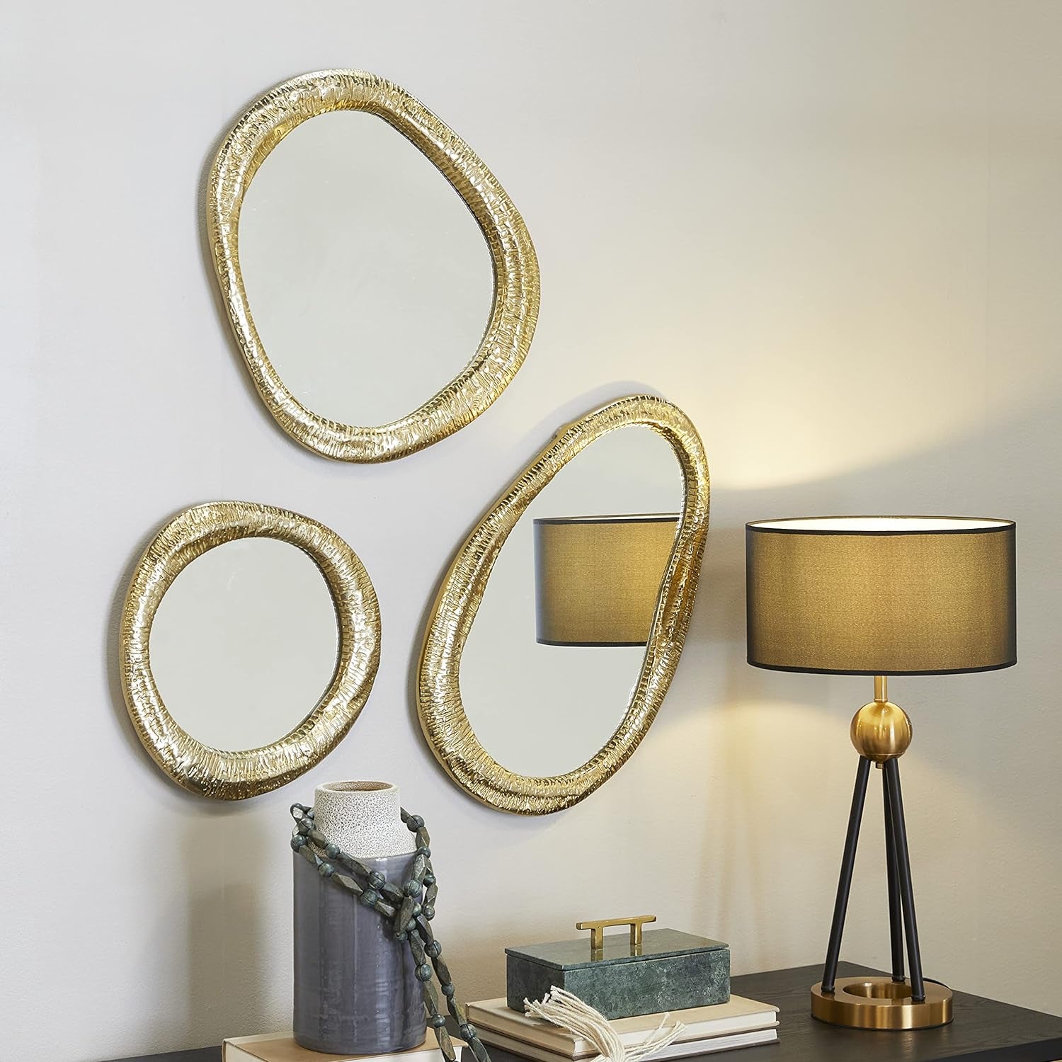 Set of 3 Aluminum Abstract Wall Mirrors in Gold, with Heights of 23, 19, and 15