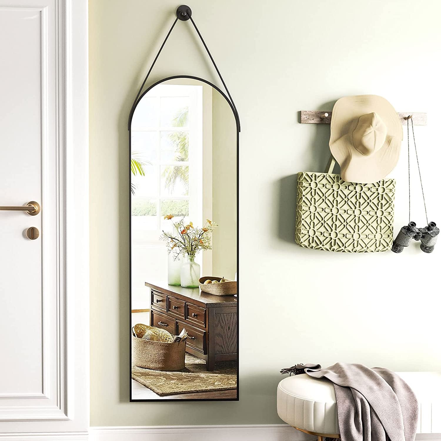 48'X16' Arched Wall Mirror with Hanging Mirror Leather Cord, Aluminum Frame - Wall-Mounted Hanging Mirror for Bathroom Vanity, Living Room, Bedroom, and Entryway Decor