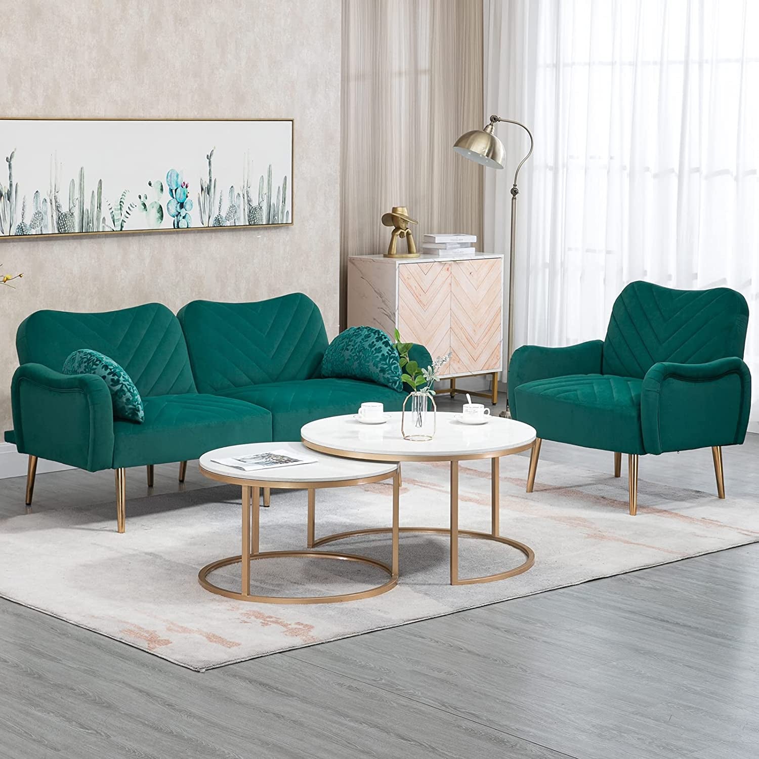 Modern Green Velvet Sofa Set with Gold Legs