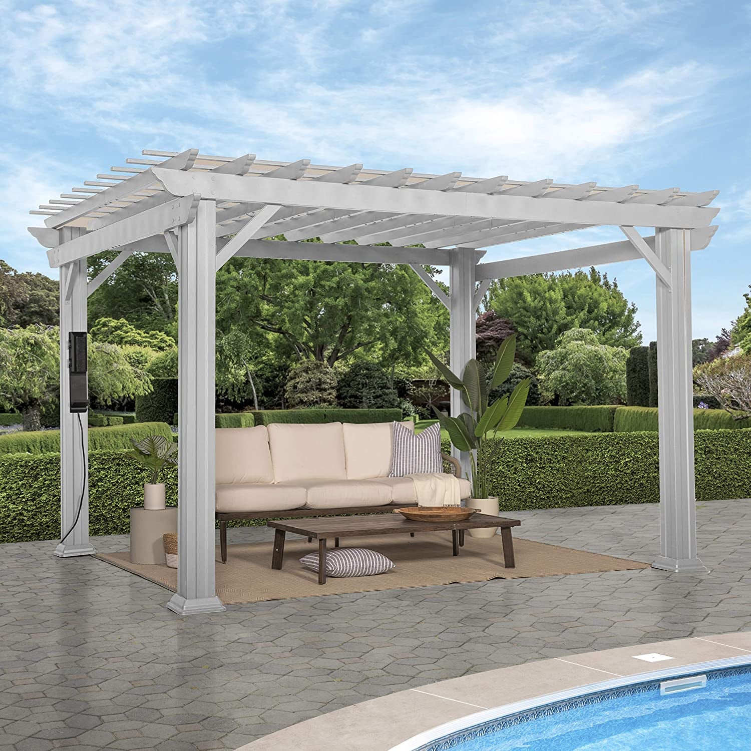 12X10 Ft Hawthorne White Galvanized Steel Pergola W/Soft Sail Shade, Spacious, Rust Resistant, UV Protection, Resist Winds up to 100 MPH, Durable, Powerport USB & Electrical Outlet