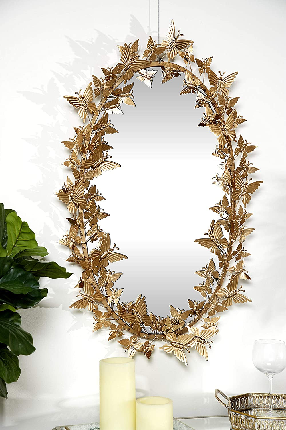 Golden Metal Butterfly Oval 3D Wall Mirror, 19 X 5 X 33