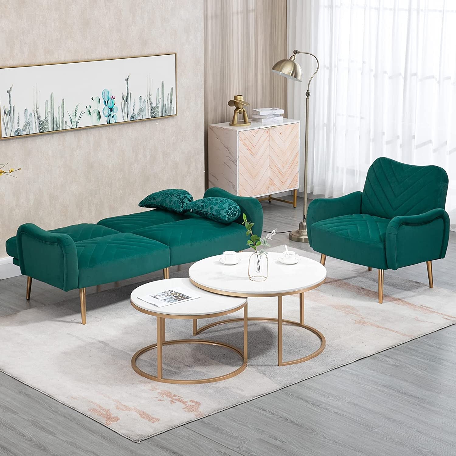 Modern Green Velvet Sofa Set with Gold Legs