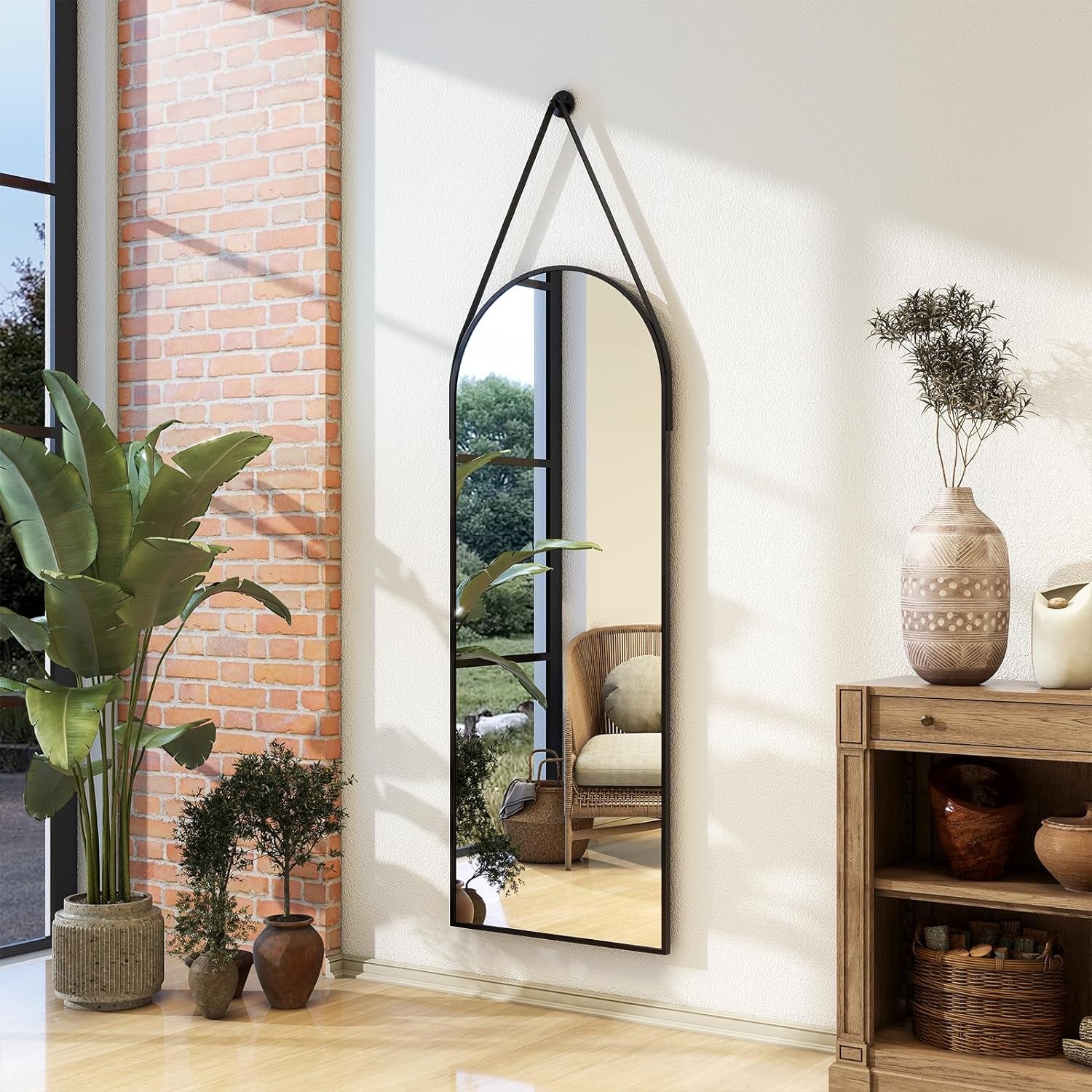 48'X16' Arched Wall Mirror with Hanging Mirror Leather Cord, Aluminum Frame - Wall-Mounted Hanging Mirror for Bathroom Vanity, Living Room, Bedroom, and Entryway Decor