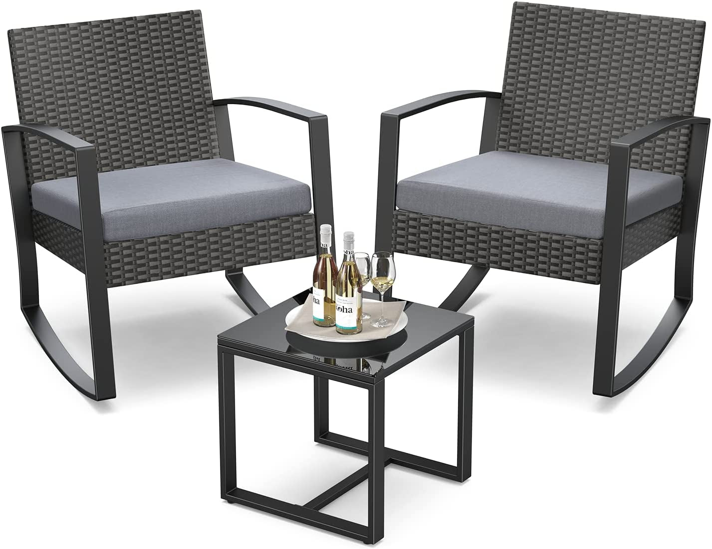 Outdoor Rattan Rocking Bistro Set with Cushions - Grey
