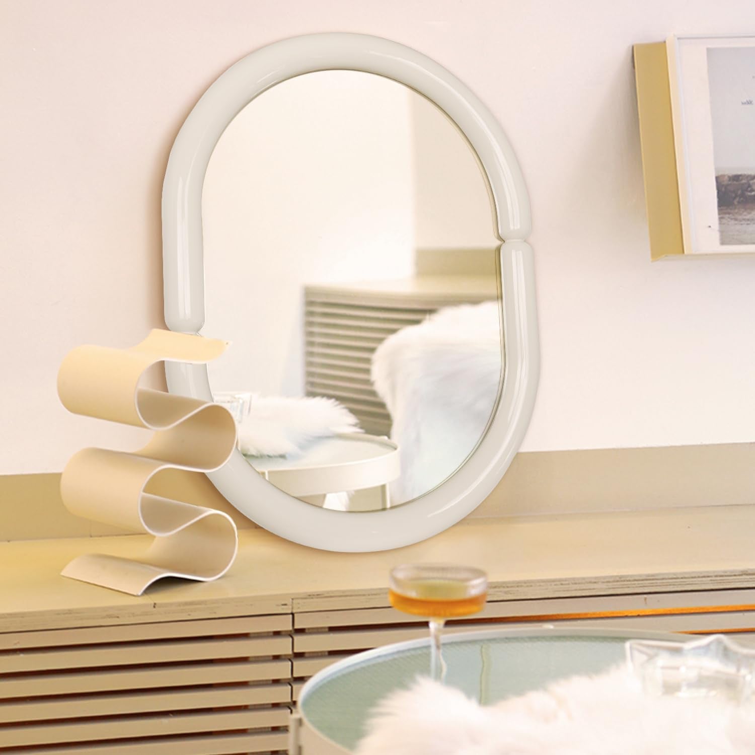 Contemporary Bagel-Shaped Wall Mirror with Candy-Colored Futuristic Design - 32'X23' Cream White
