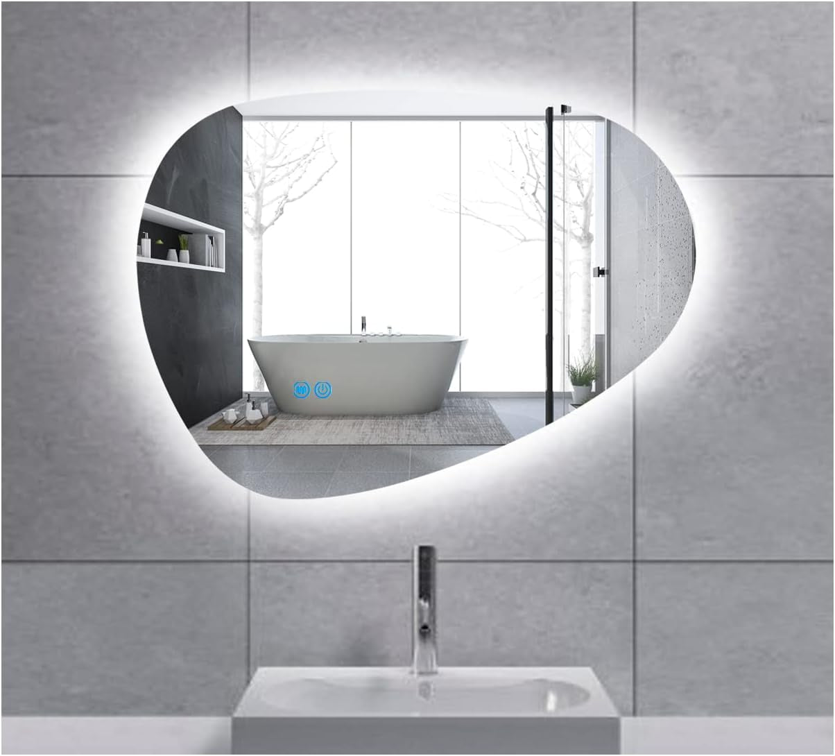 Bathroom Wall Mounted LED Mirror, Irregular Shape Frameless Design, 24 L X 32 W, Defogger Function, Dimmable Vanity Mirror, Waterproof, Adjustable LED Color, Touch Sensor, Anti-Fog Feature