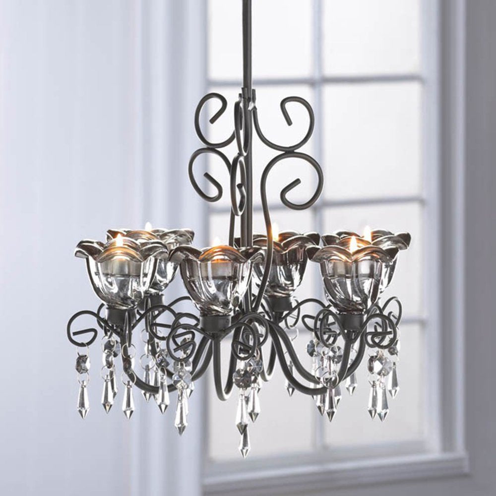 Smoked Glass Six-Candle Chandelier with Midnight Blooms Design