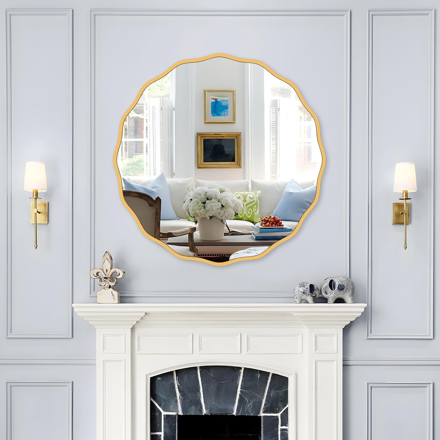 Gold round Mirror for Wall Decorative 24 Inch Modern Wavy Mirror Whit Wood Frame Circle Wall Mirror for Bathroom Bedroom Living Room Home House Office Entryway