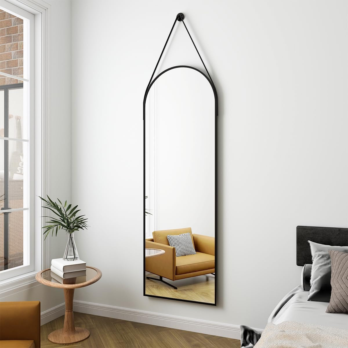 48'X16' Arched Wall Mirror with Hanging Mirror Leather Cord, Aluminum Frame - Wall-Mounted Hanging Mirror for Bathroom Vanity, Living Room, Bedroom, and Entryway Decor