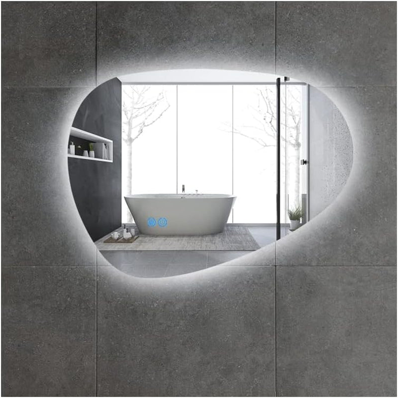 Bathroom Wall Mounted LED Mirror, Irregular Shape Frameless Design, 24 L X 32 W, Defogger Function, Dimmable Vanity Mirror, Waterproof, Adjustable LED Color, Touch Sensor, Anti-Fog Feature