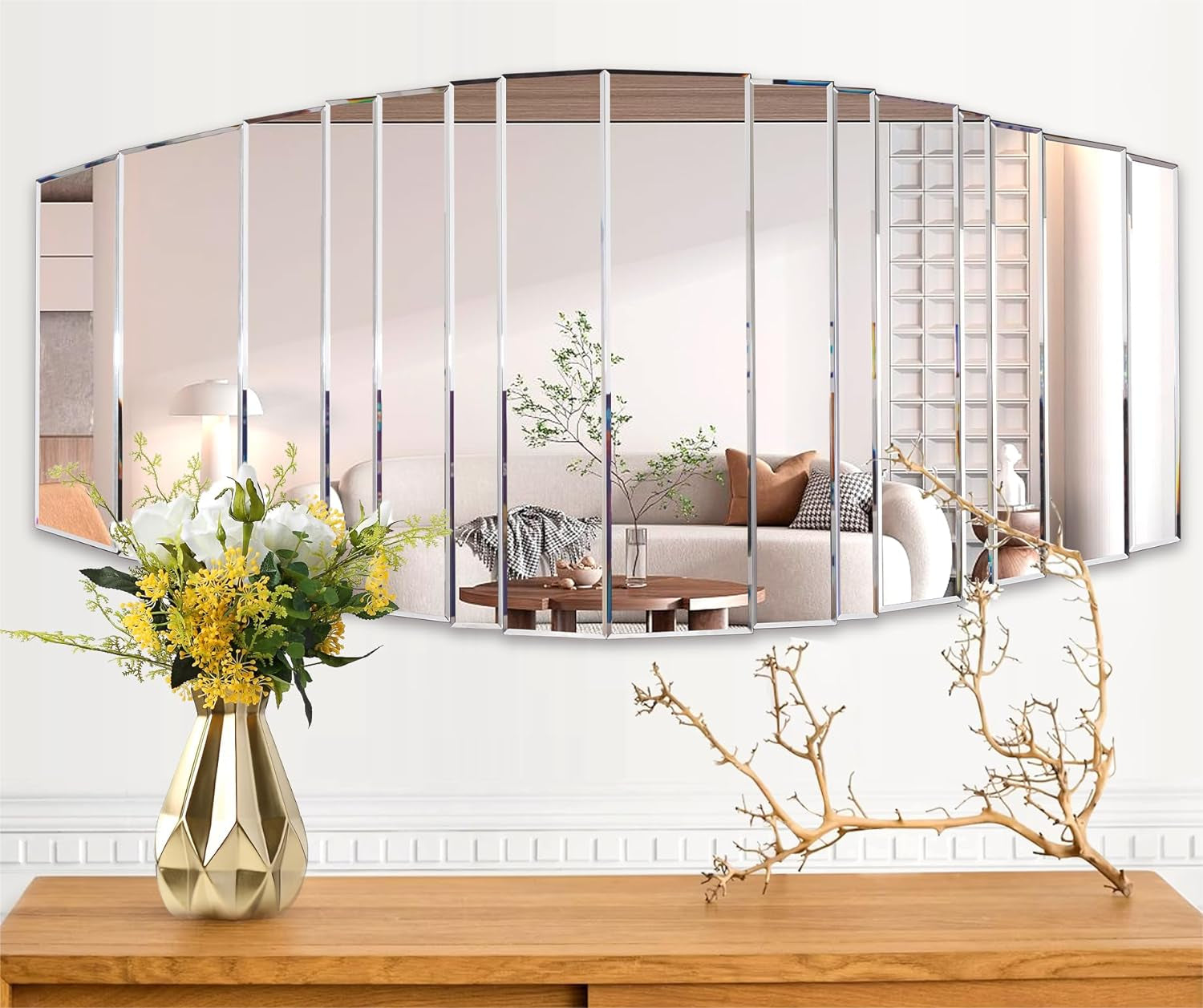 Frameless Oval Wall Mirror for Modern Decor - Decorative Stitching Mirrors for Living Room, Bathroom, Bedroom, and Entryway - Abstract Shape Square Mirror in Silver - Size 43X 21.5